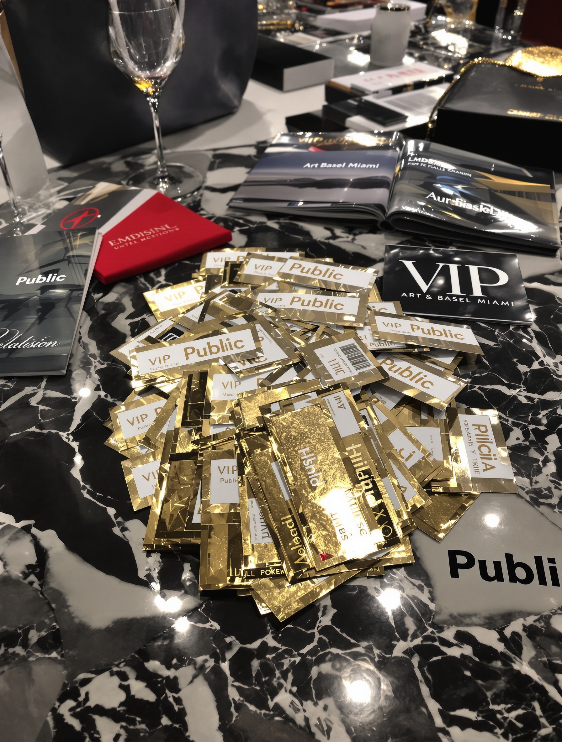 Pile de billets Art Basel Miami : entre VIP doré et passes Public, symbole d'une hiérarchie bien réelle.