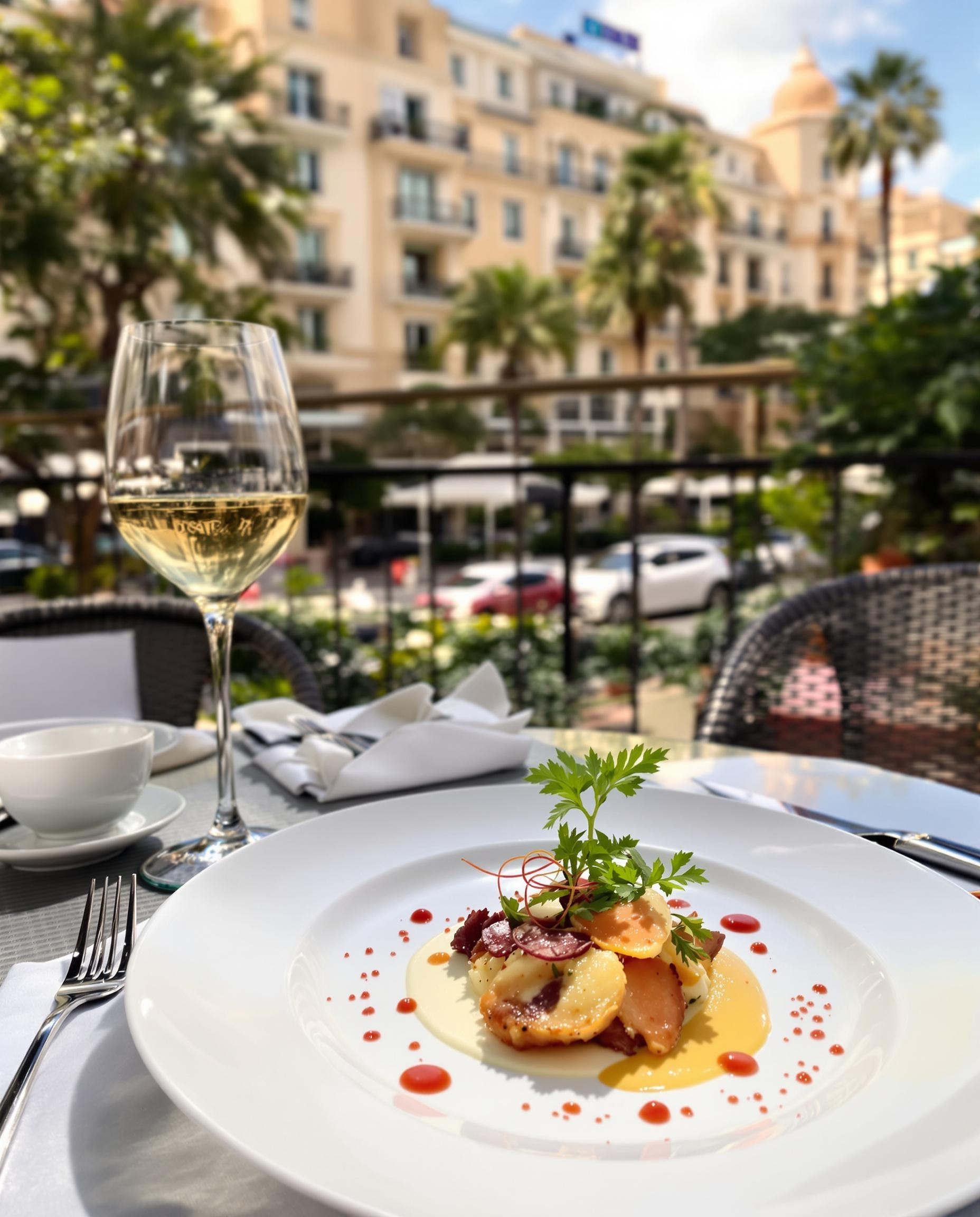 Plan serré d'une assiette raffinée sur une terrasse cannoise avec la Croisette en arrière-plan.