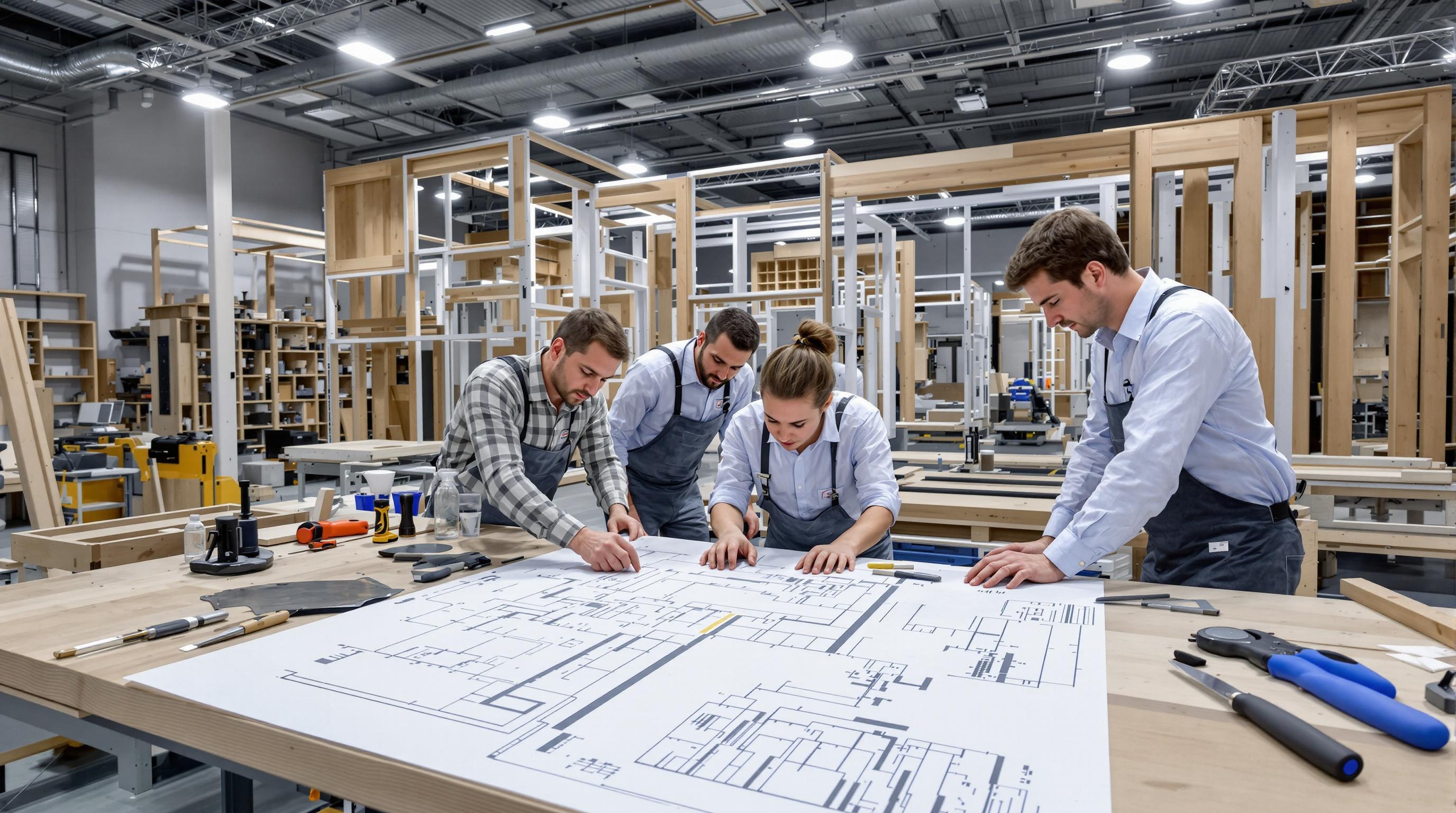 Atelier de pré-montage d'un stand d'exposition avec une équipe vérifiant la structure