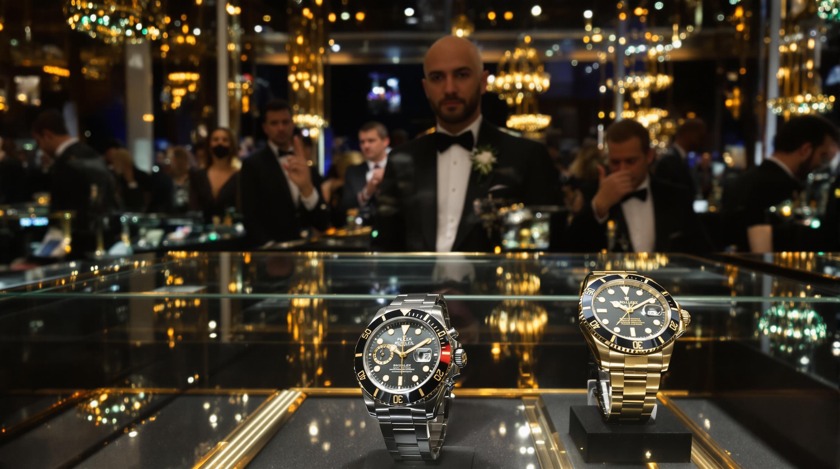 Salle d'enchères de montres de luxe avec ambiance sceptique