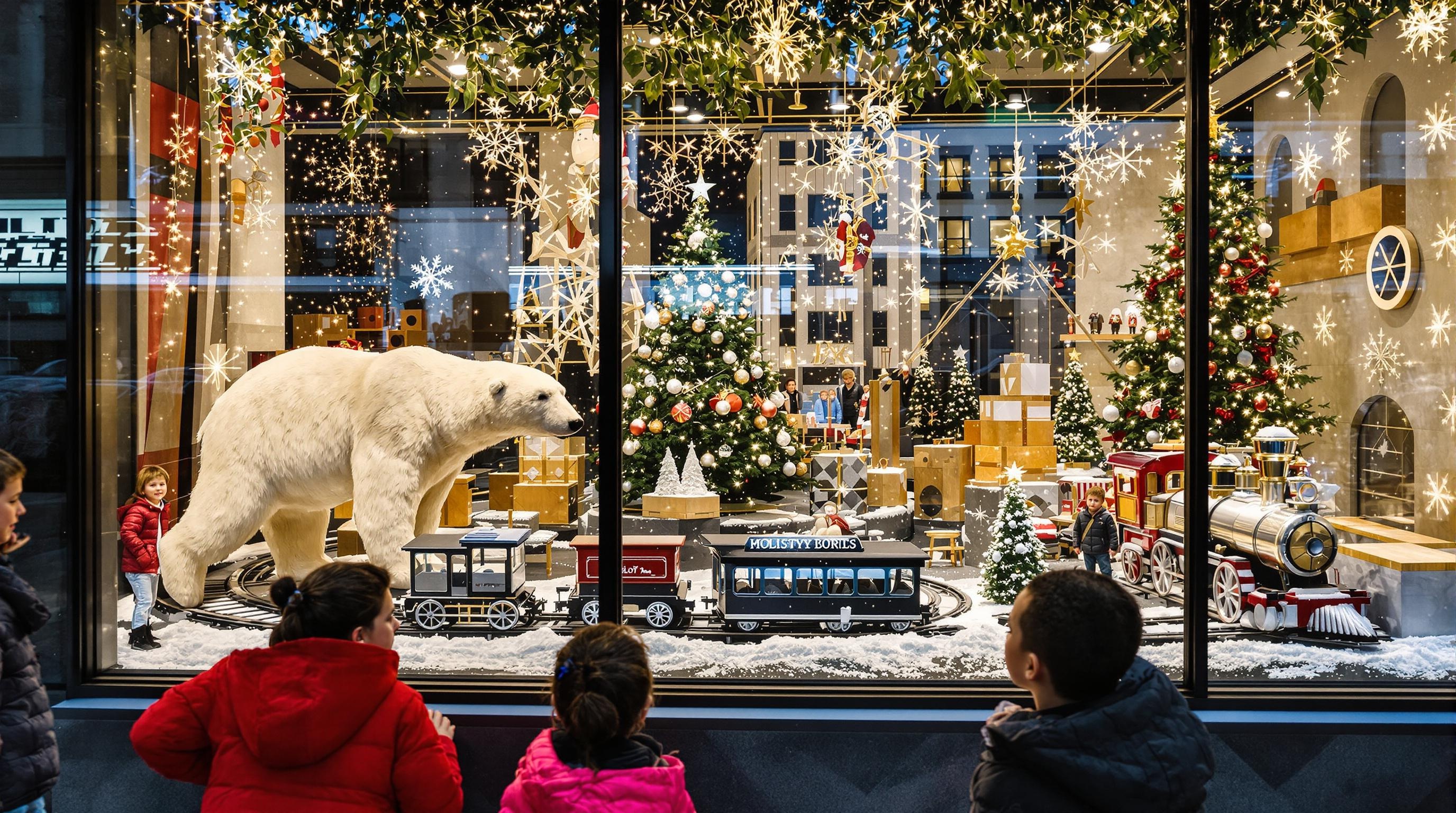 Automates de Noël modernes animés dans une vitrine professionnelle.