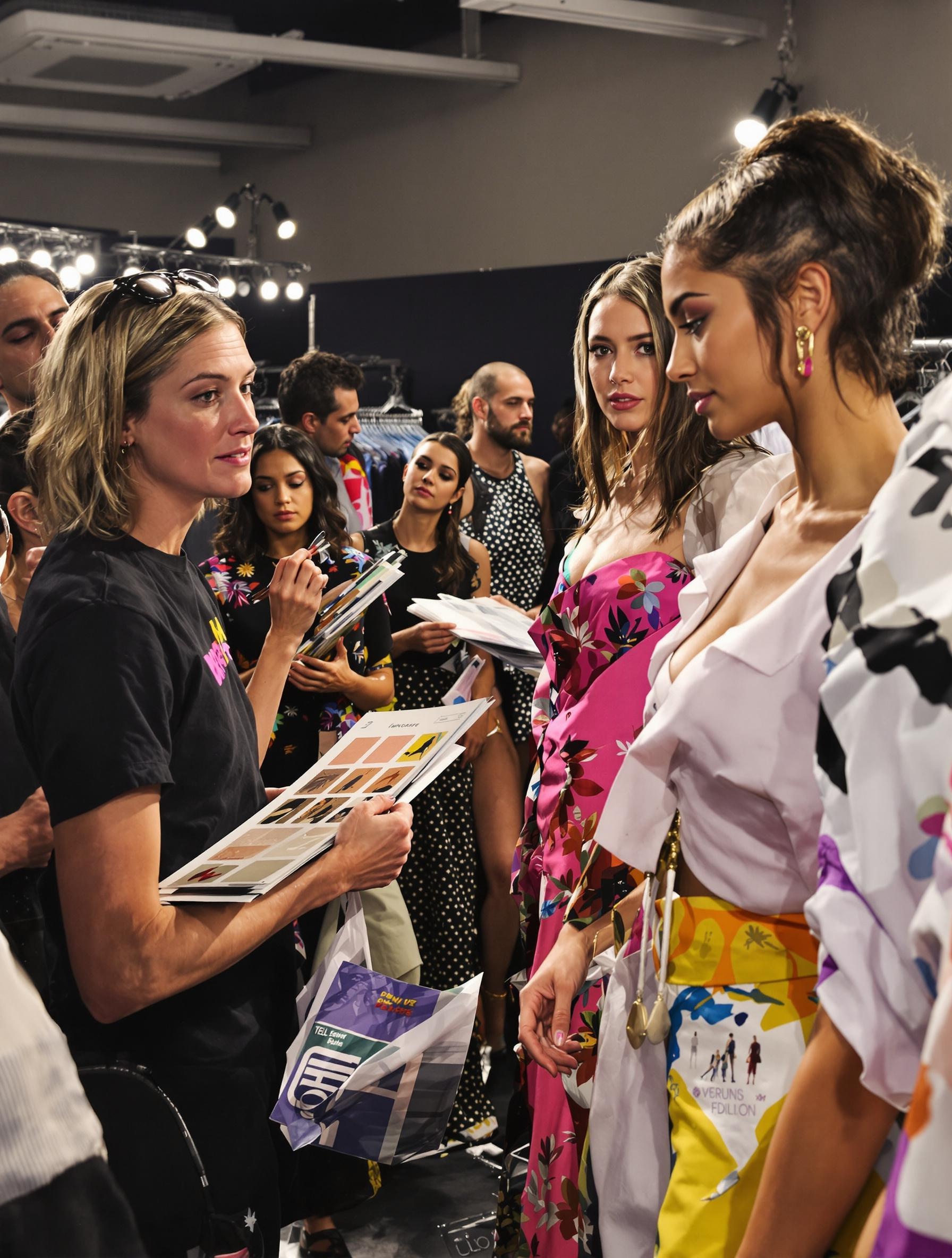 Backstage d'un défilé Printemps/Été 2025, mannequins blasées et créateurs en pleine tension.