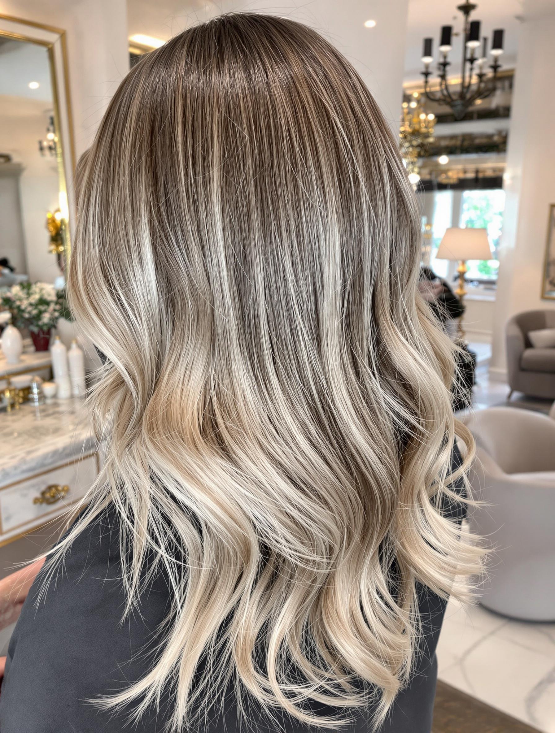 Balayage subtil et lumineux réalisé dans un salon de luxe parisien, mettant en valeur la profondeur et la brillance des reflets.