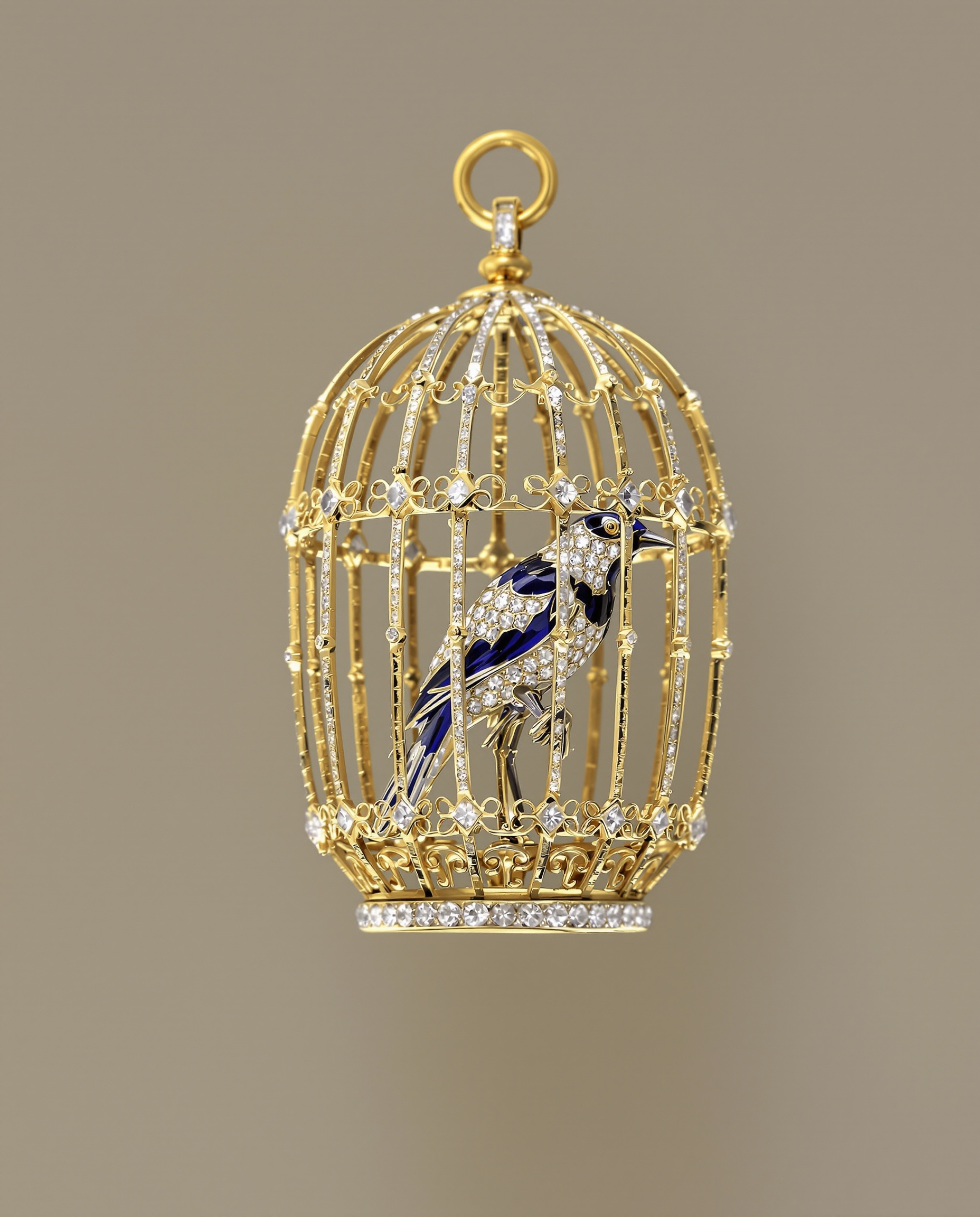Broche ancienne représentant un oiseau en cage, signée Jeanne Toussaint pour Cartier, en or jaune, diamants et émail