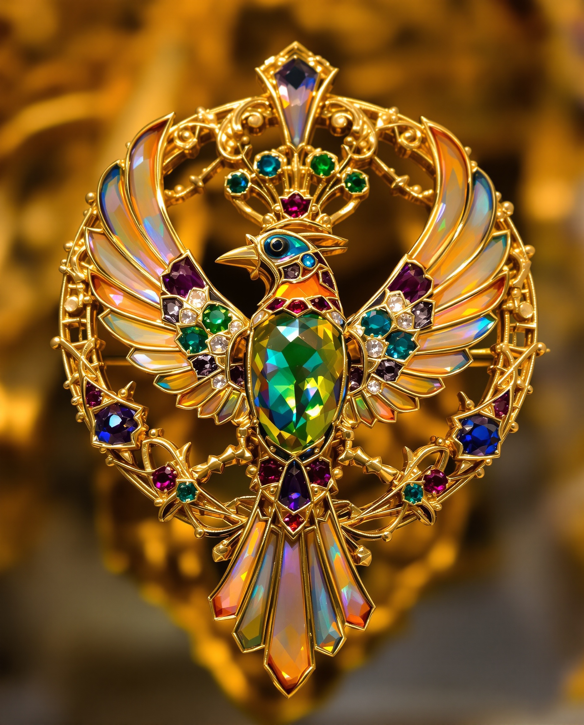 Broche ancienne Art Nouveau représentant un oiseau stylisé en or jaune, émaillé et serti de pierres précieuses