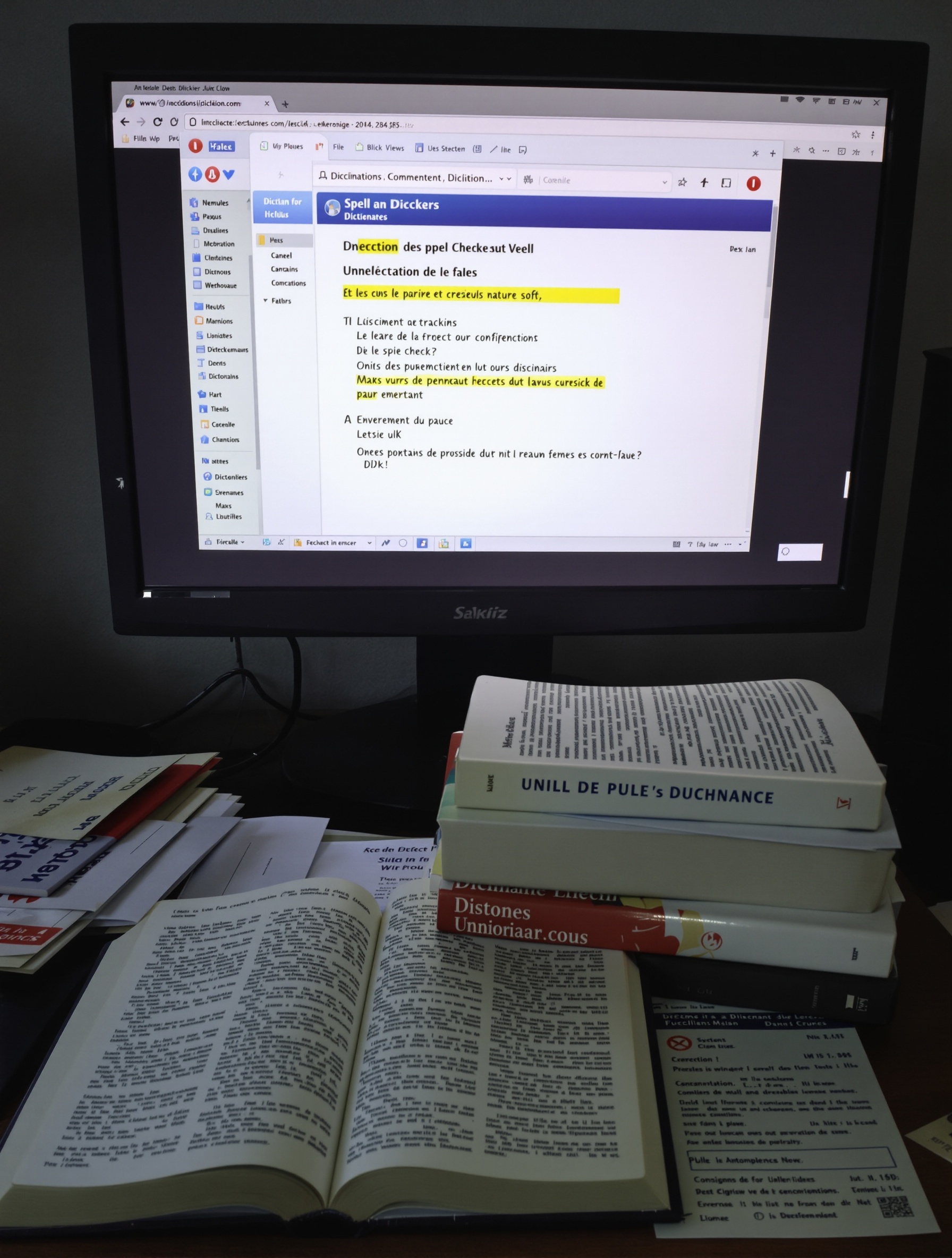 Dictionnaires ouverts et ordinateur illustrant les limites des correcteurs orthographiques