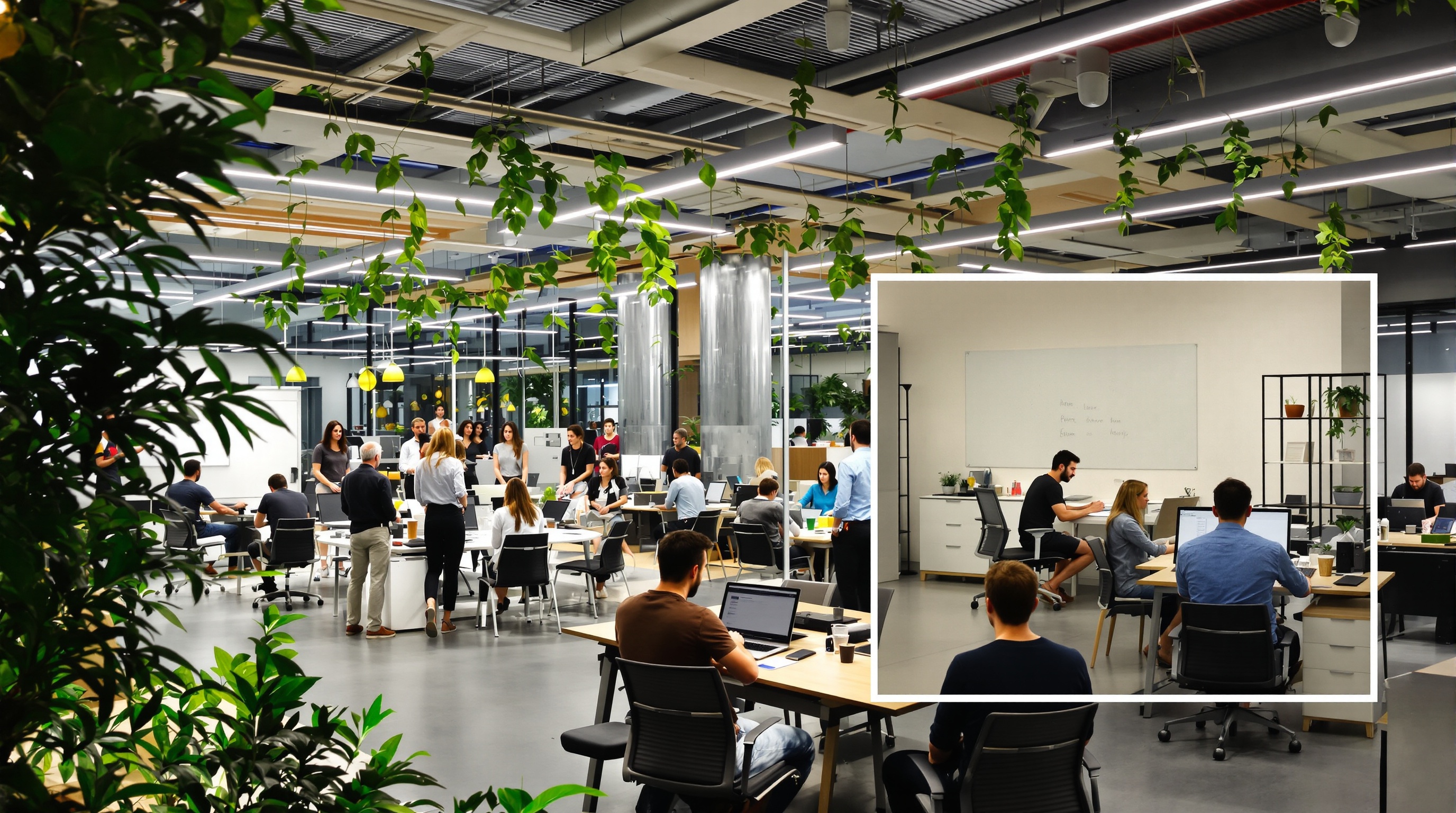 Collaboration forcée dans un bureau moderne, isolement en télétravail