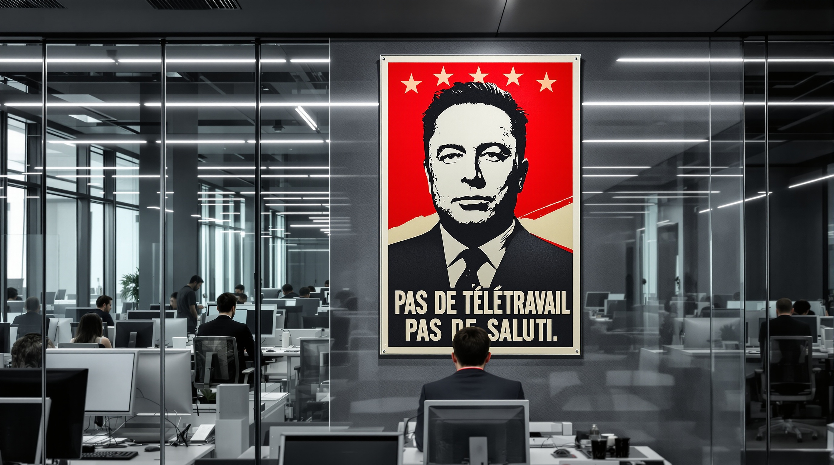 Employés au bureau sous le regard d'Elon Musk