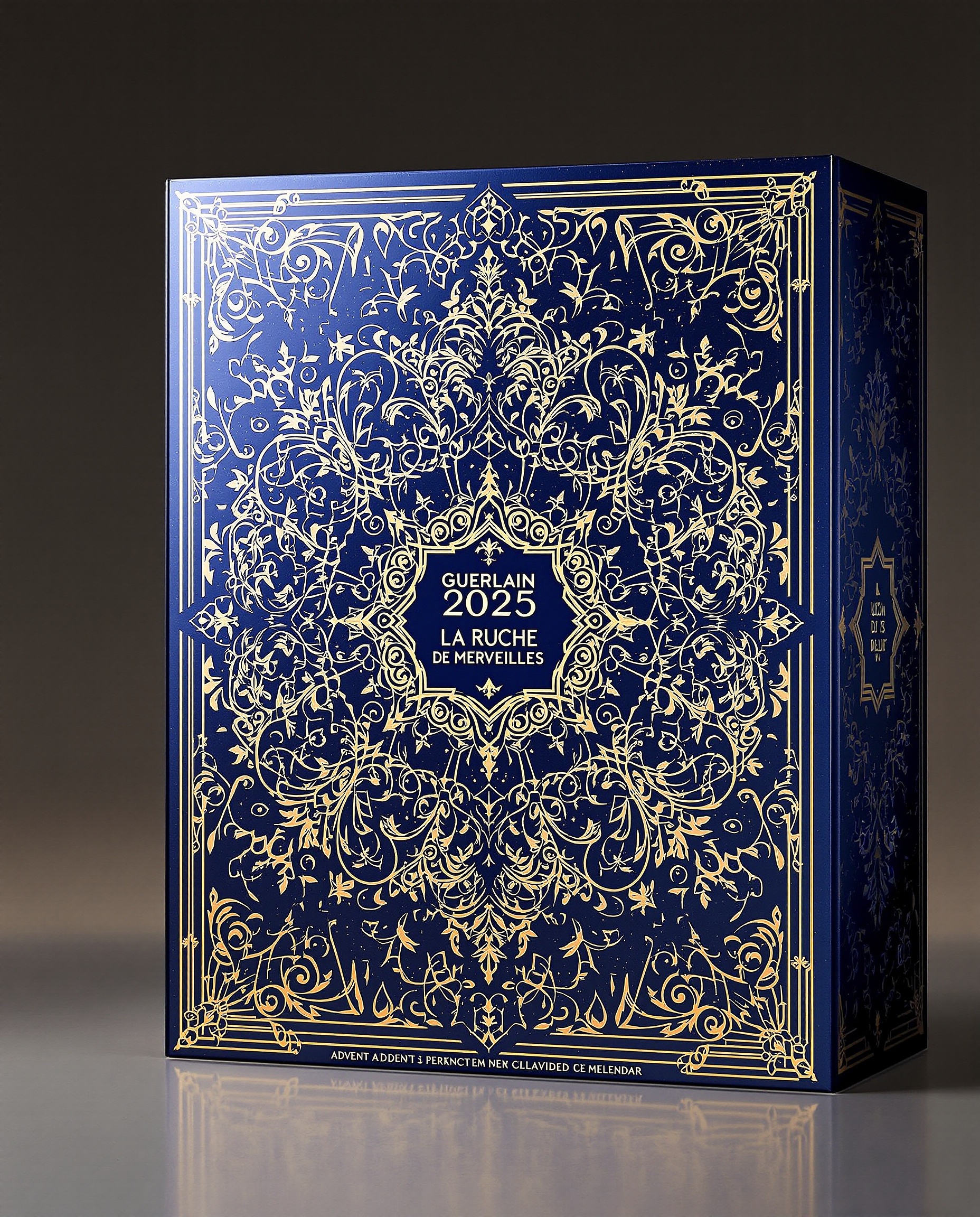 Calendrier de l'Avent Guerlain 2025, boîte bleu nuit et or, ambiance luxueuse