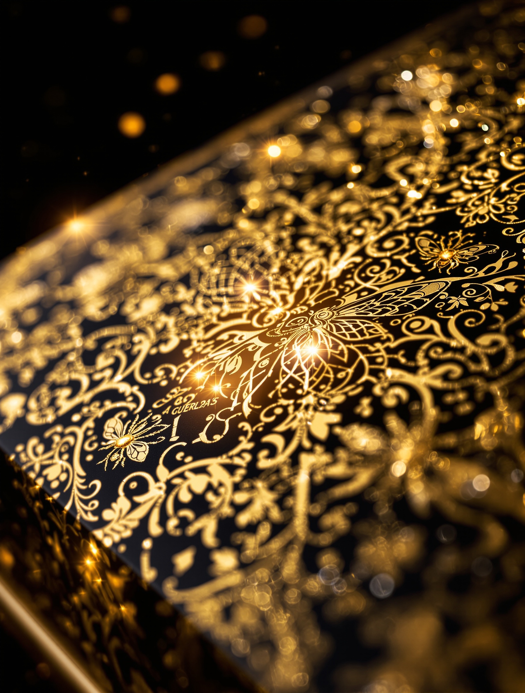 Détails du design doré et orné du Calendrier de l'Avent Guerlain 2025, collaboration avec Shourouk Rhaiem.