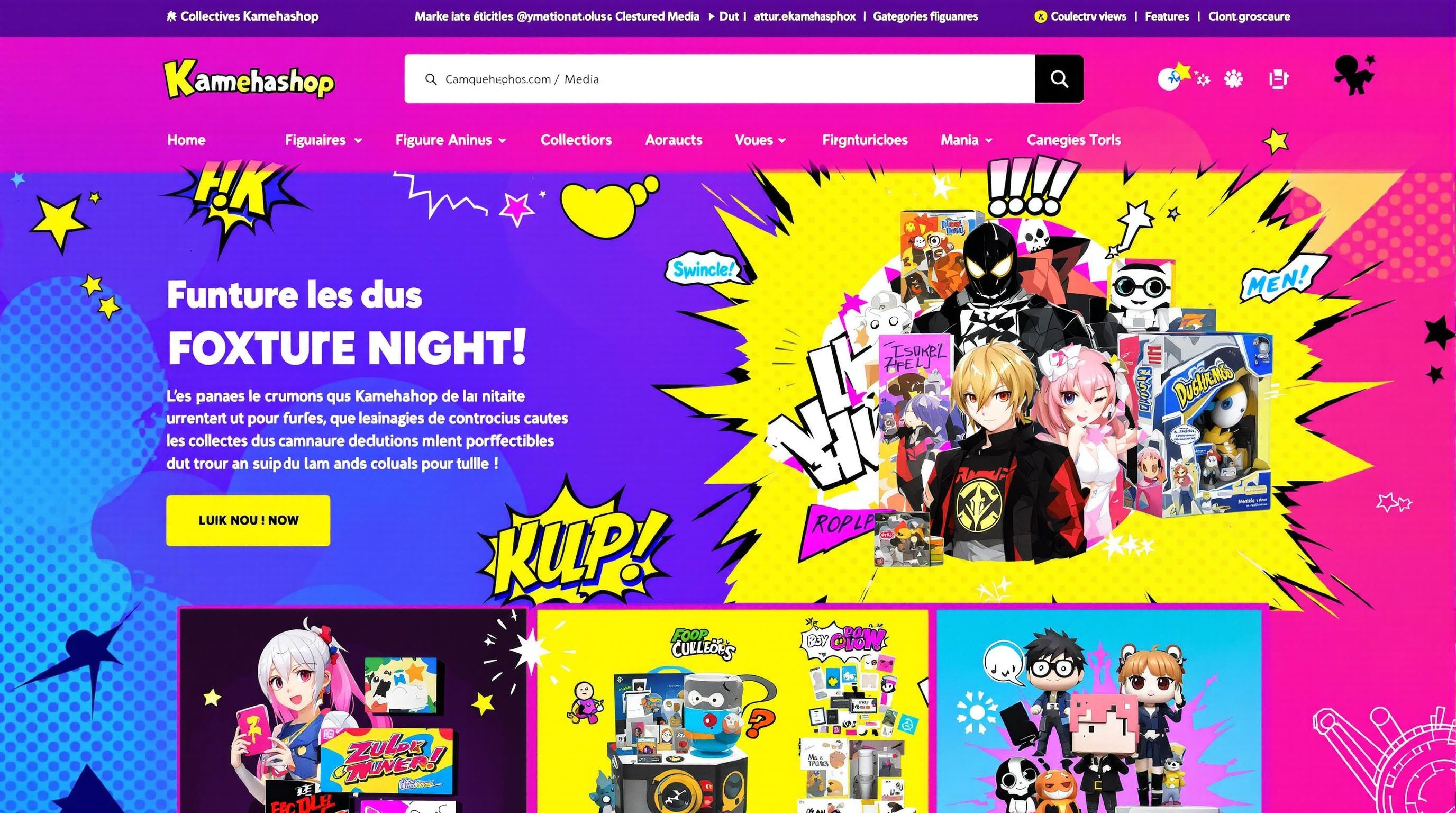 Capture de la page d'accueil Kamehashop avec navigation claire et ambiance manga.