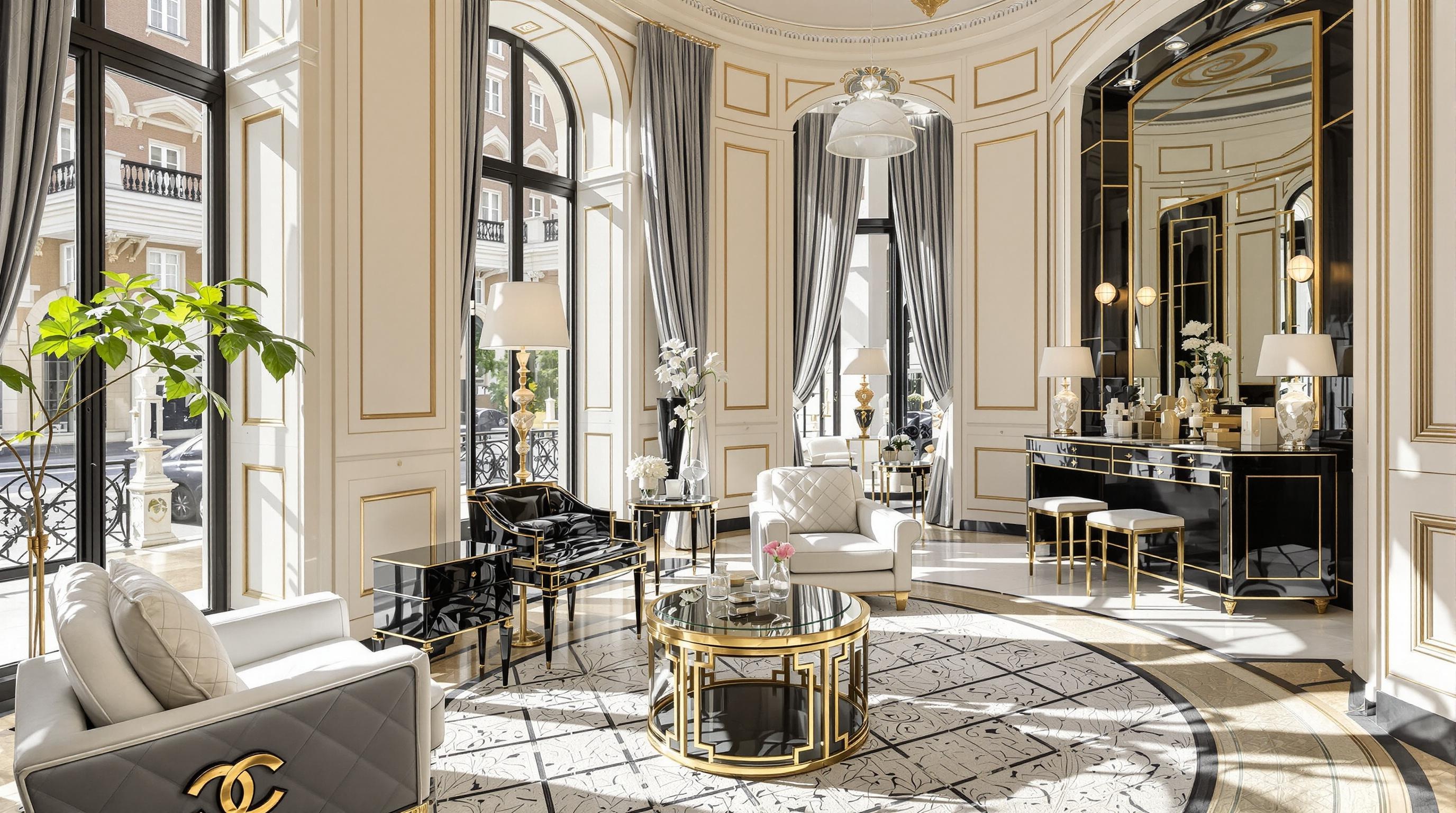 Pièce emblématique de la Maison de Beauté Chanel Passy montrant une architecture raffinée et un mobilier inspiré du style parisien.