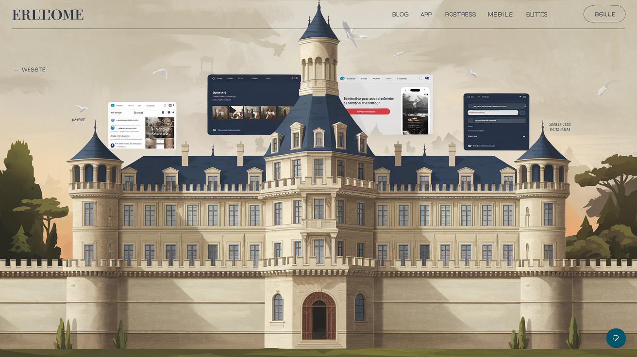 Château fort moderne représentant le contrôle du Owned Media (site web, blog, app, réseaux sociaux)
