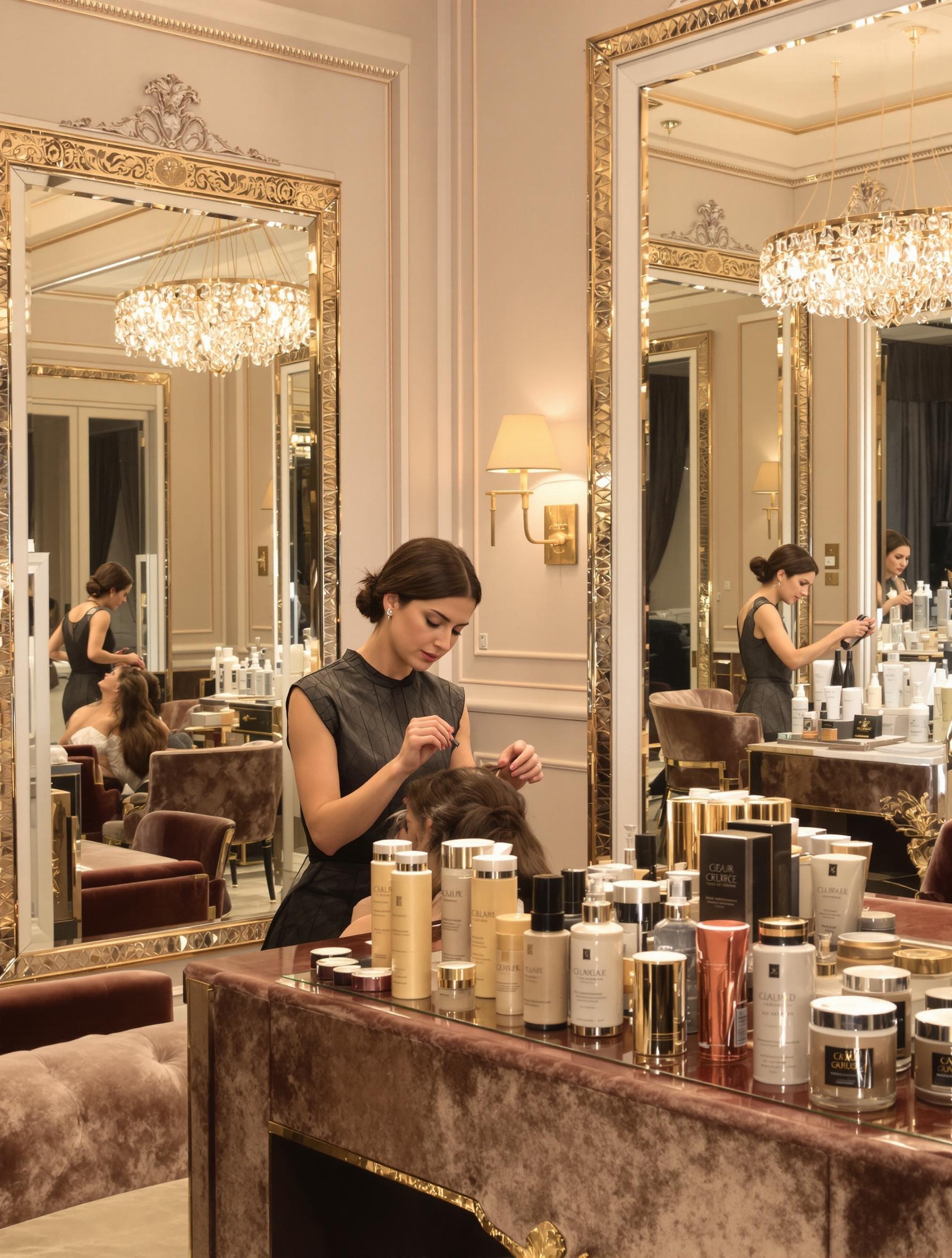 Coiffeuse de luxe réalisant un diagnostic capillaire approfondi dans un salon élégant avec des produits professionnels.