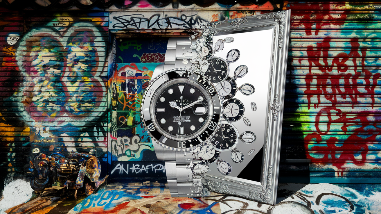Dissolution culturelle d'une Rolex dans un collage ironique de montres contrefaites.