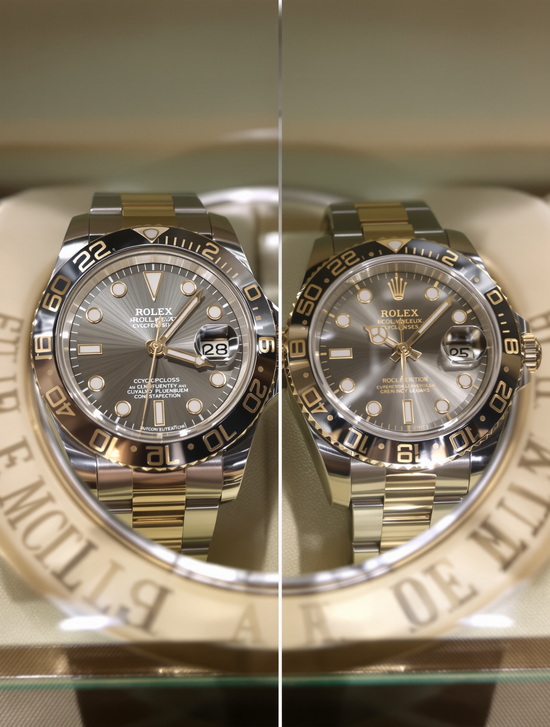 Comparatif subtil entre Rolex authentique et contrefaçon – attention aux détails révélateurs.