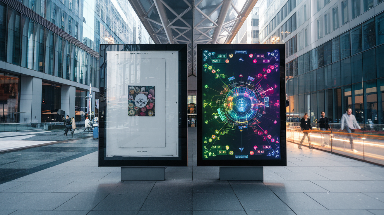 Comparatif visuel affichage OOH statique versus DOOH dynamique en ville.