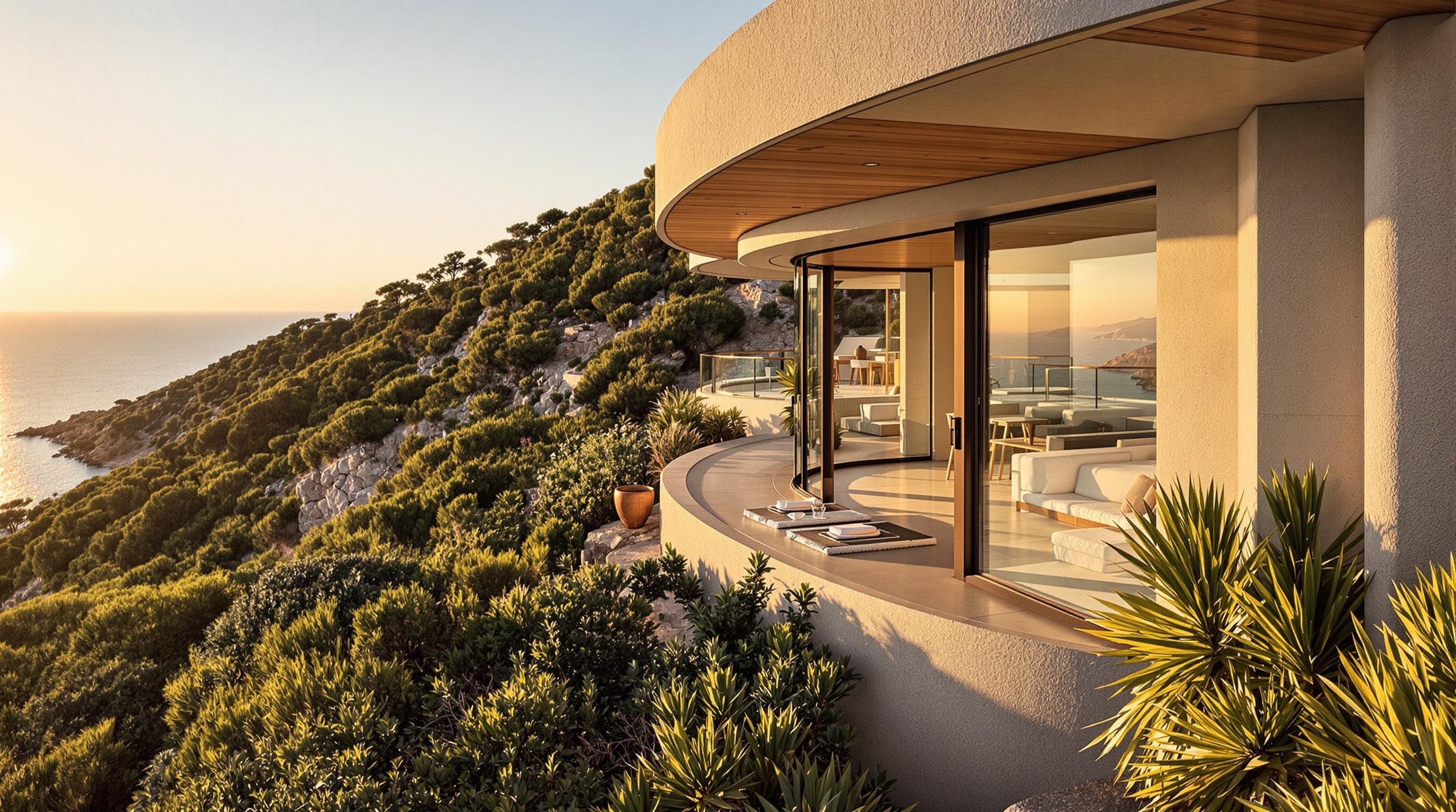Détail architectural sophistiqué intégré au paysage naturel corse.
