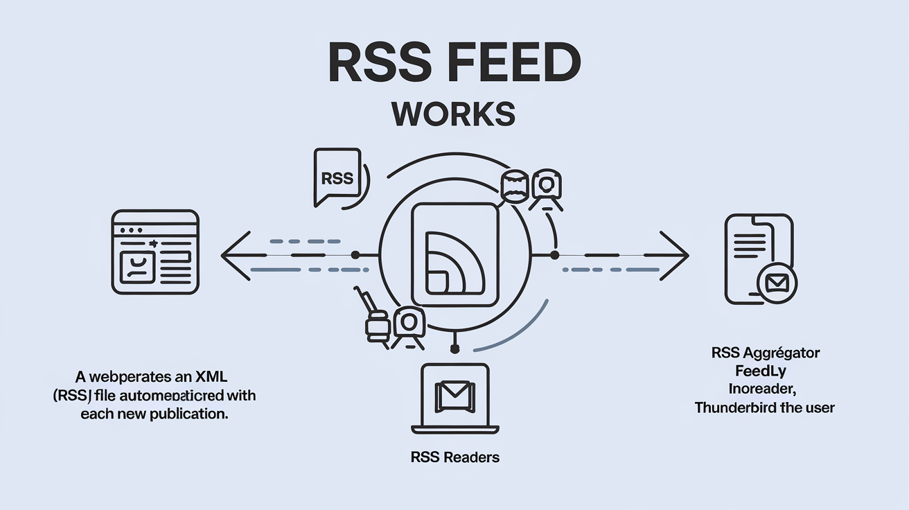 Diagramme expliquant le fonctionnement d'un flux RSS entre site web, fichier XML et agrégateur