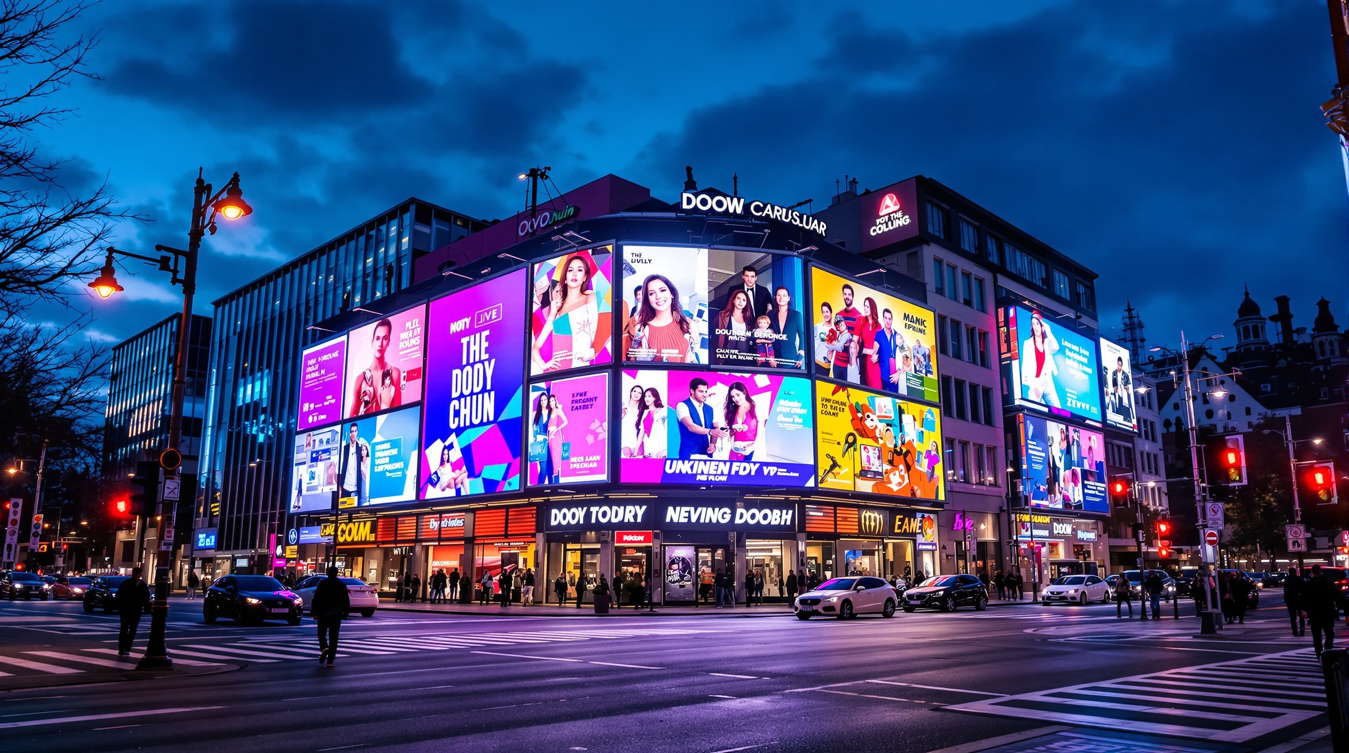 Exemple typique de panneaux DOOH dynamiques synchronisés dans un environnement urbain moderne.