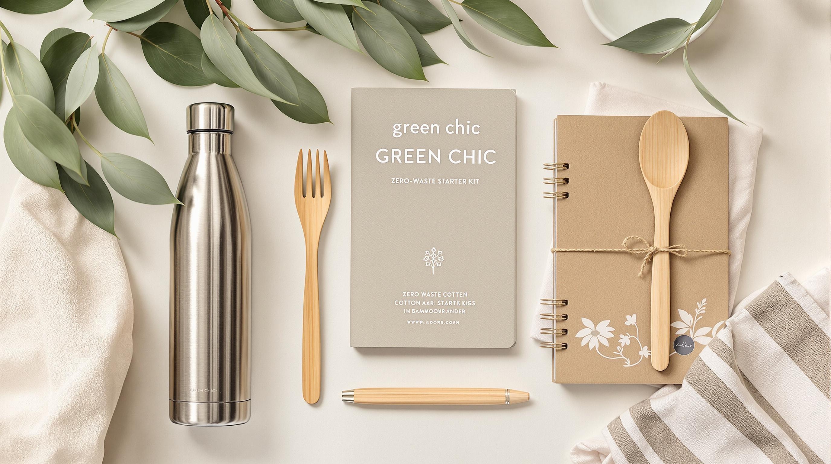 Ensemble green chic : gourde isotherme, kit zéro déchet, carnet recyclé et stylo en bambou