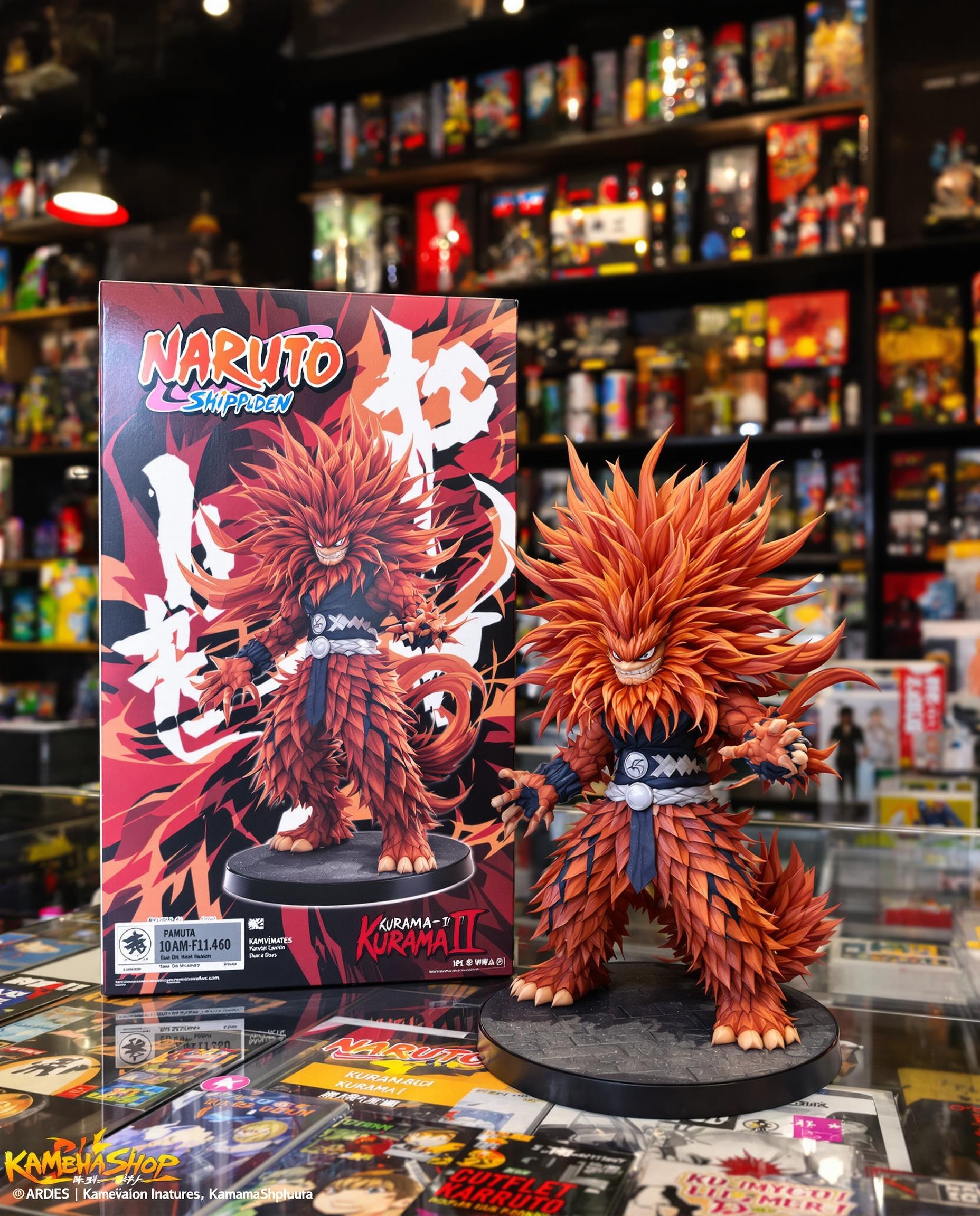 Figurine Sofvimates Naruto Shippuden Kurama II exposée sur son socle dans une ambiance boutique spécialisée.