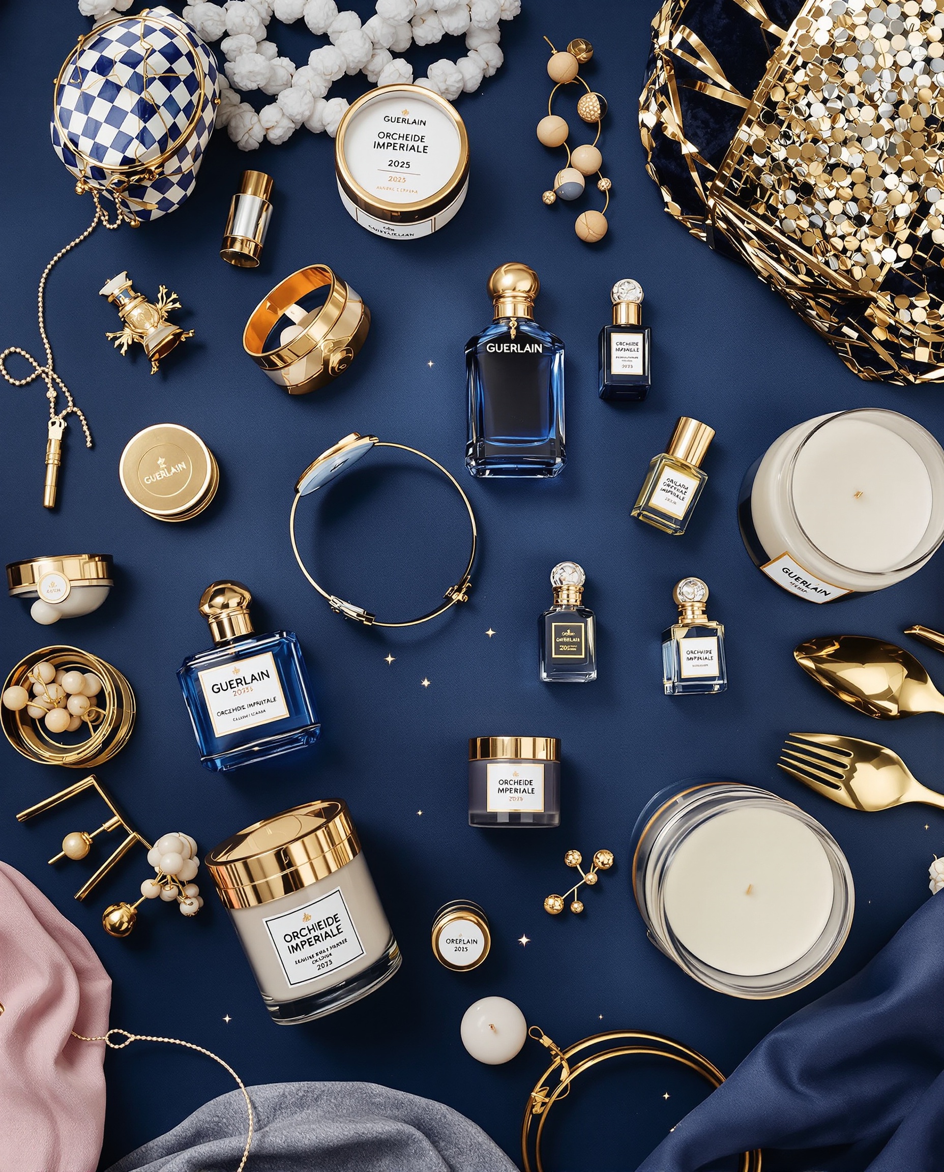 Contenu du Calendrier de l'Avent Guerlain 2025 : miniatures de parfums, crème Orchidée Impériale, bougies et accessoires.