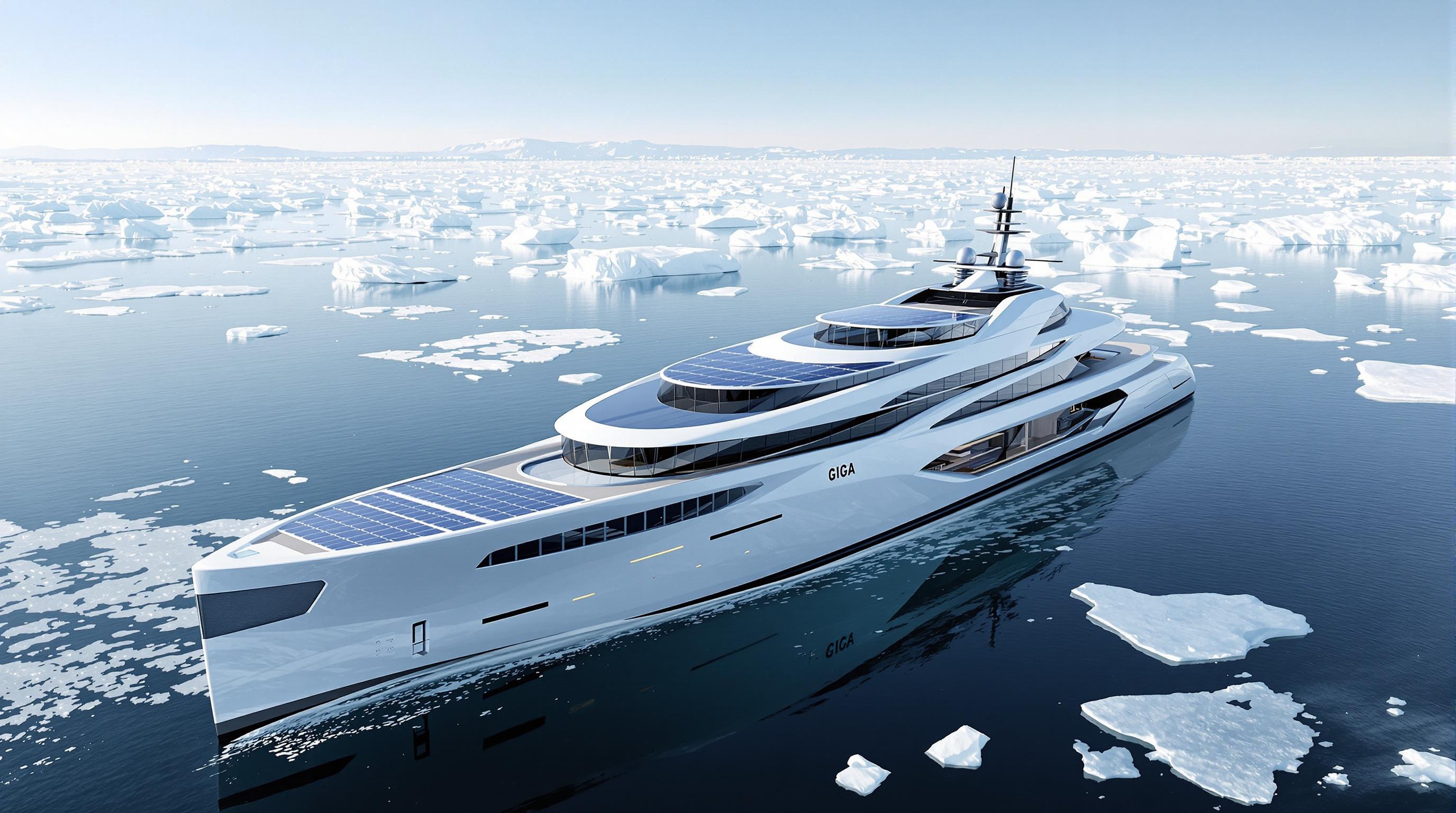 Giga yacht futuriste et écoresponsable dans un paysage polaire