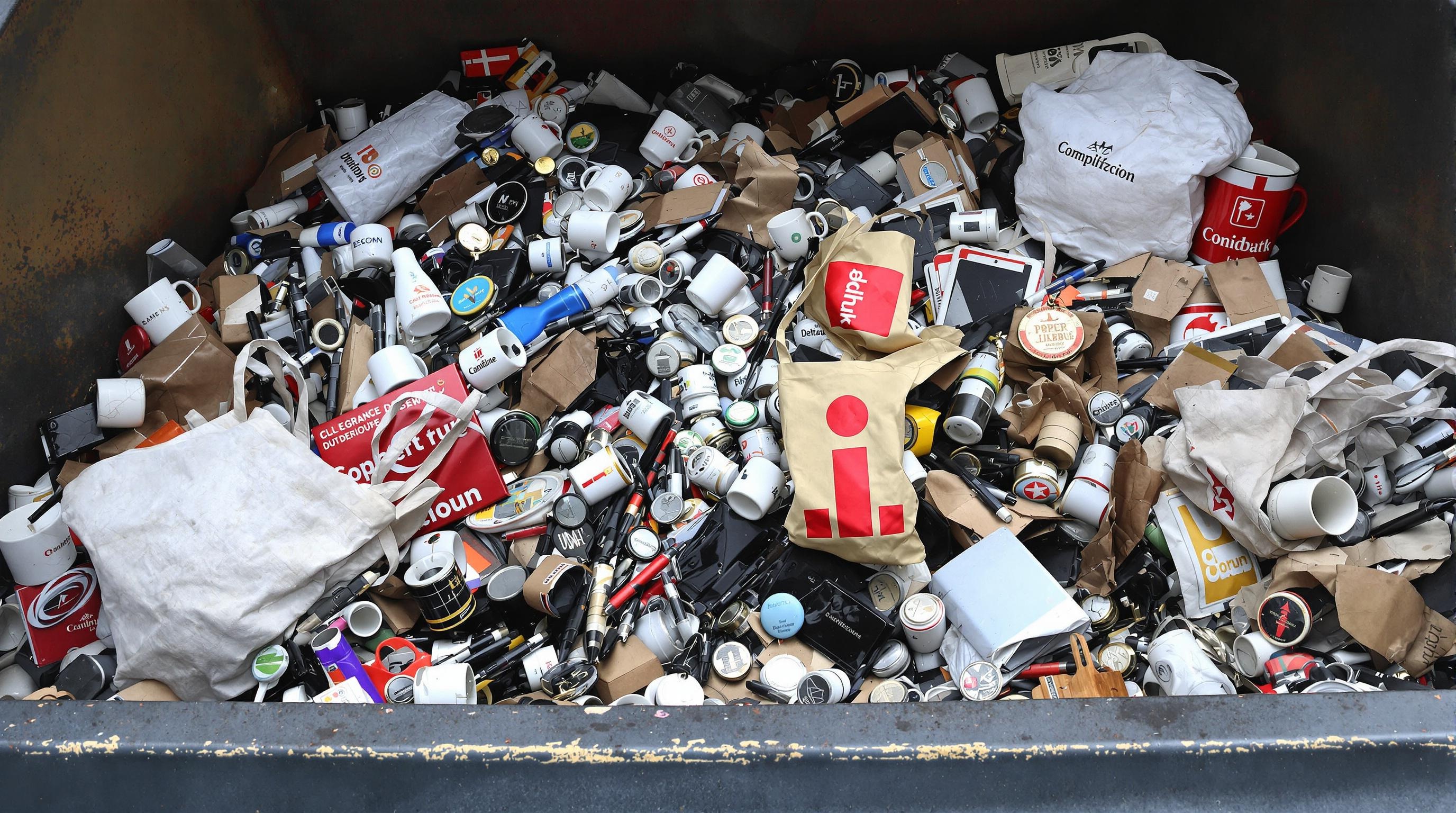 Amas de goodies jetés dans une benne à ordure avec logos d'entreprise