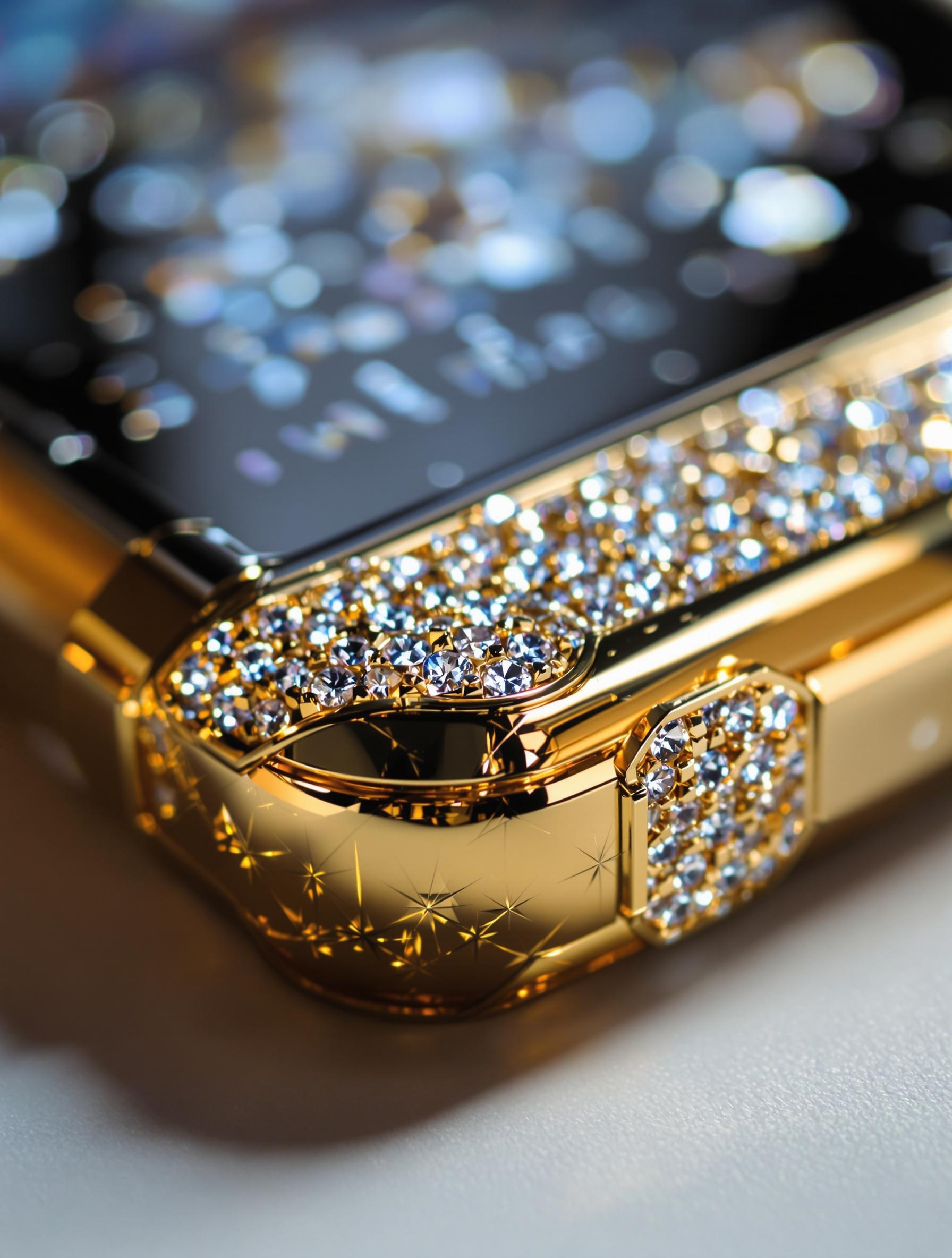 Détail d’un téléphone de luxe en or et diamants
