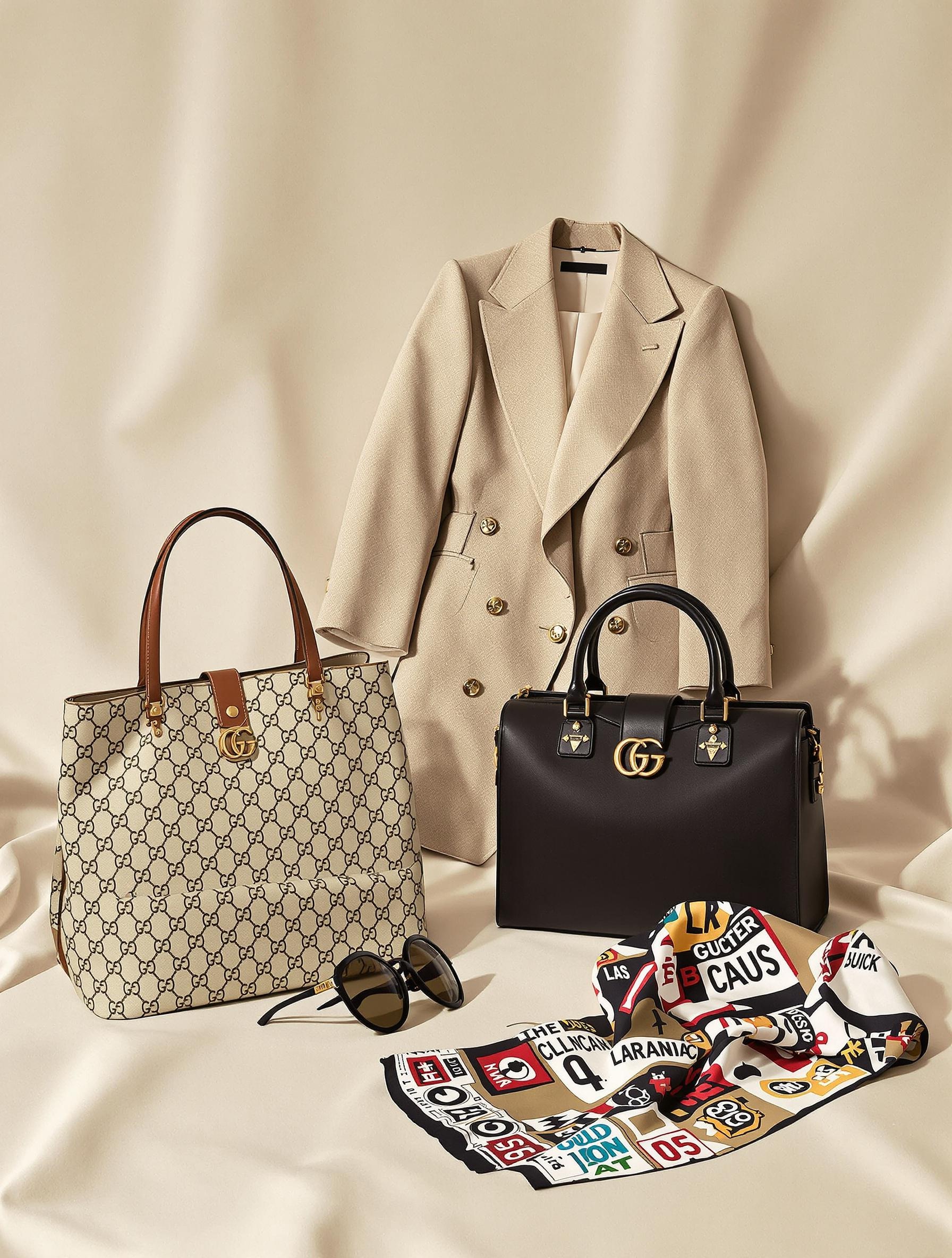 Sélection des pièces maîtresses de la collection Hacker Project Gucci x Balenciaga : sac Hourglass, blazer, foulard et lunettes.