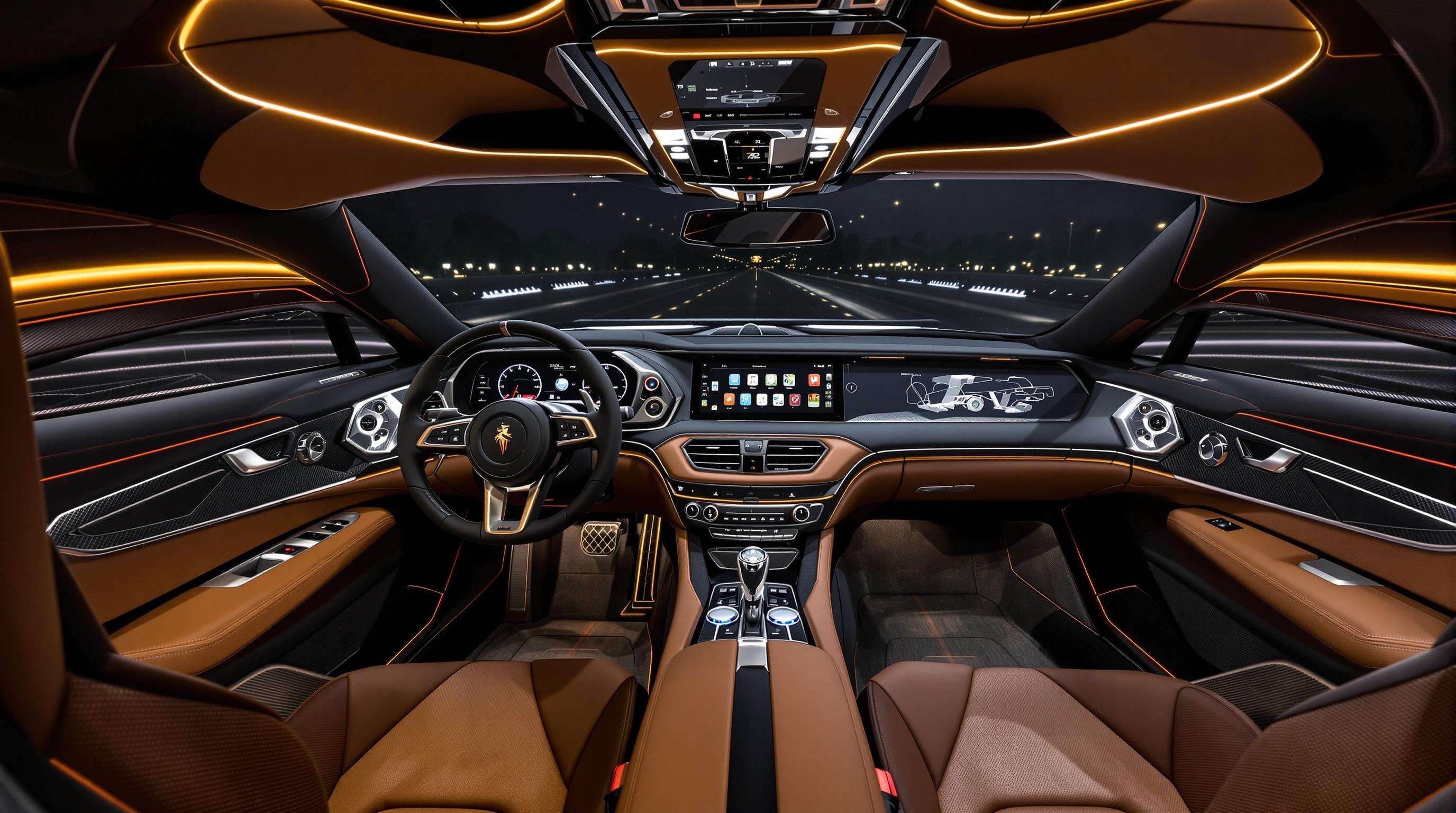 Habitacle luxueux d'une hypercar moderne, avec cuir cousu main et boiseries précieuses.