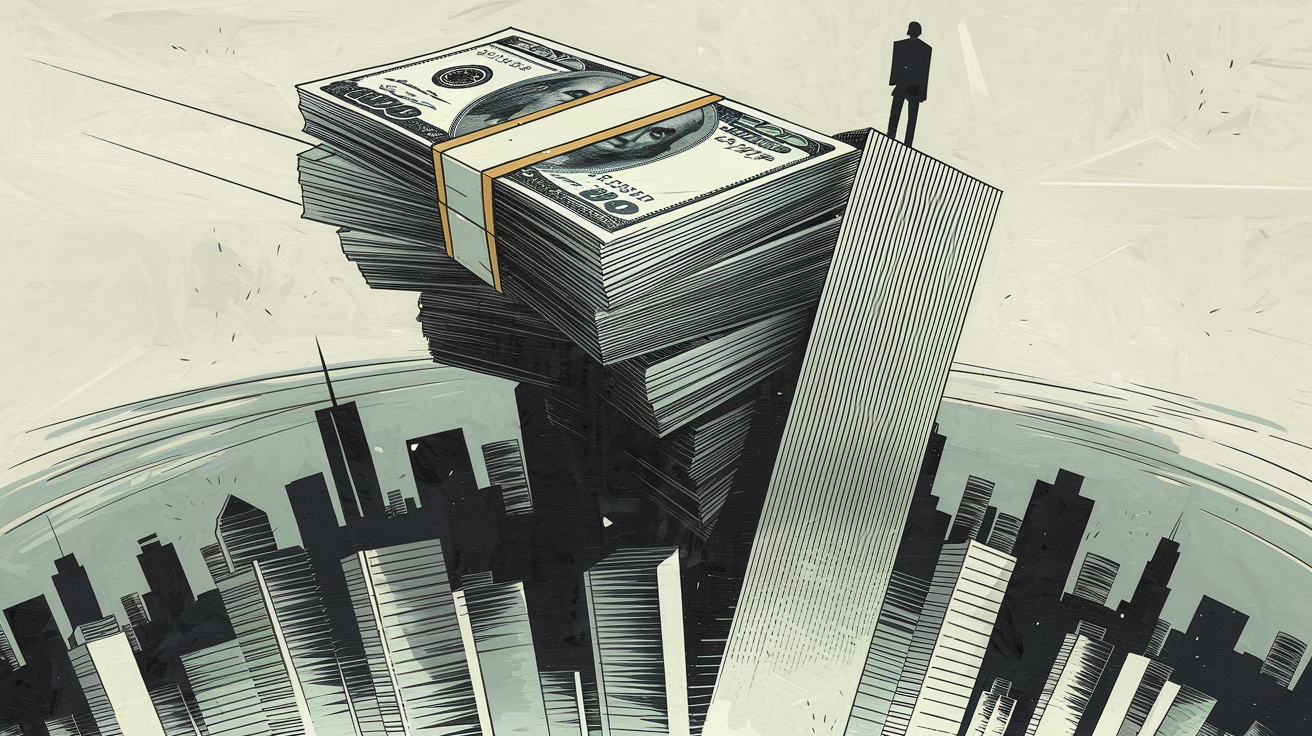 Illustration de la richesse extrême : billets géants transformés en gratte-ciel