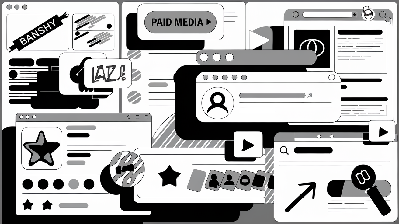 Illustration des multiples facettes du Paid Media saturant l'espace digital