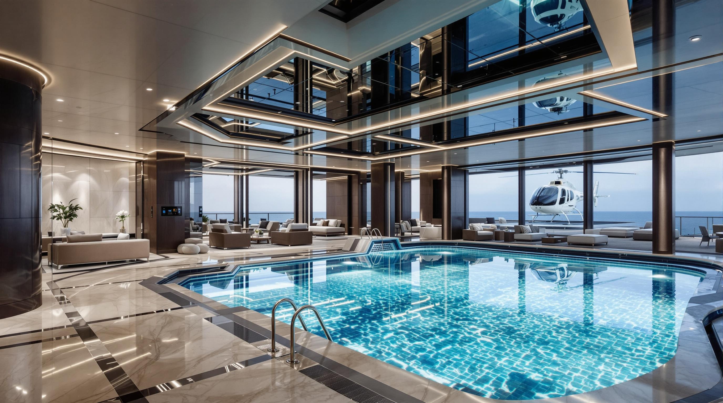 Intérieur d’un méga-yacht avec piscine, cinéma et héliport