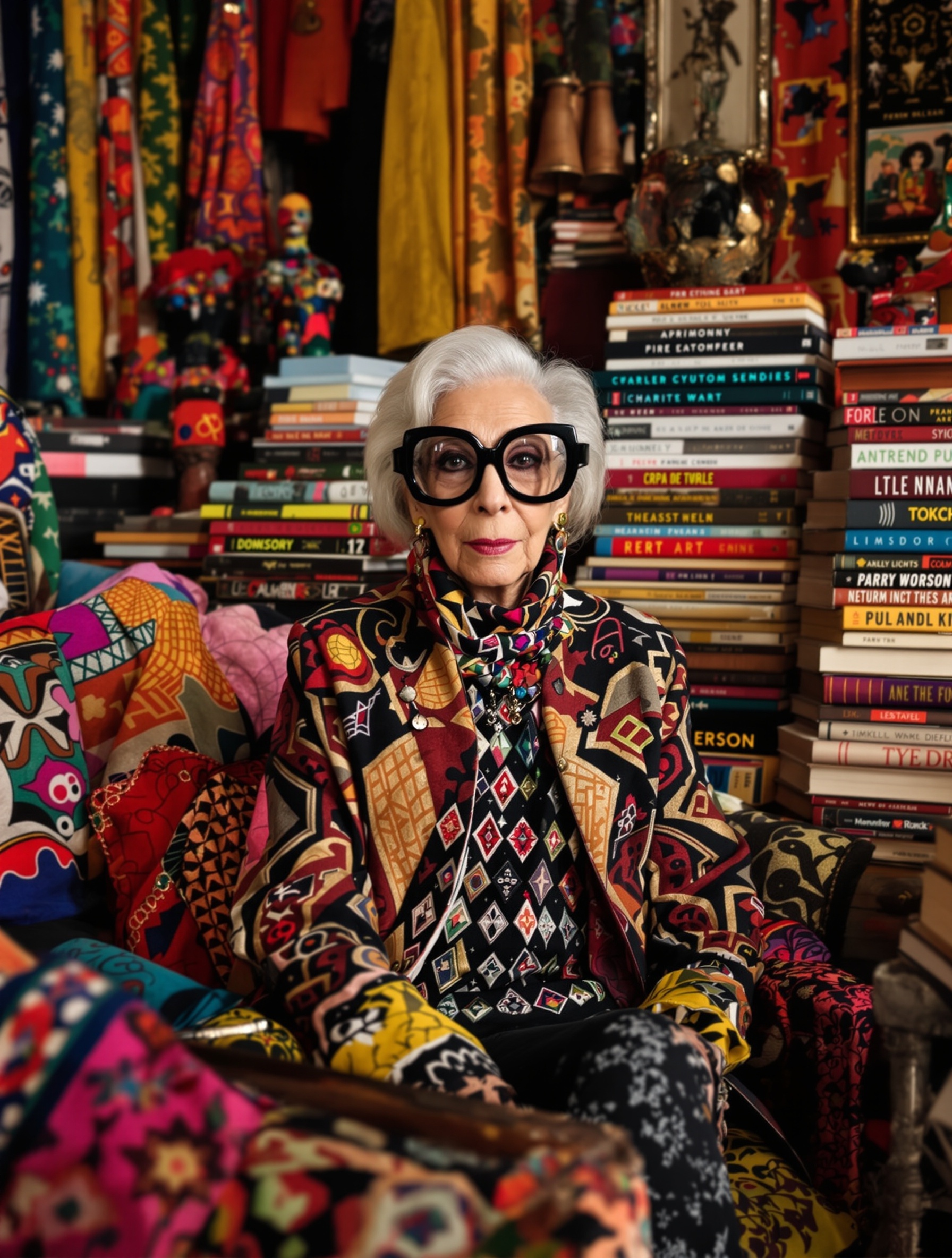 Iris Apfel entourée d'objets artisanaux et textiles rares