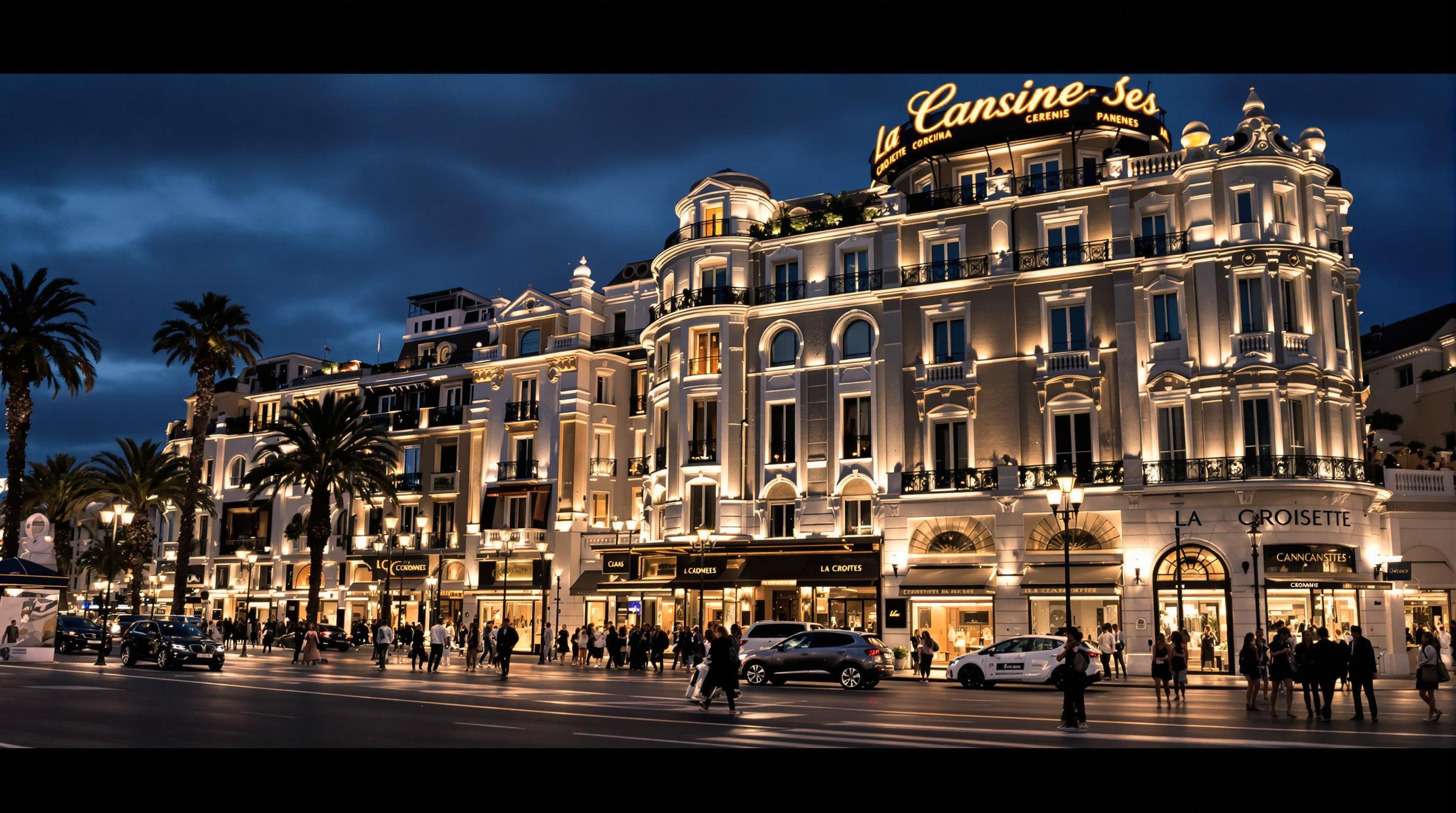 La Croisette à Cannes au crépuscule, élégance et ironie.