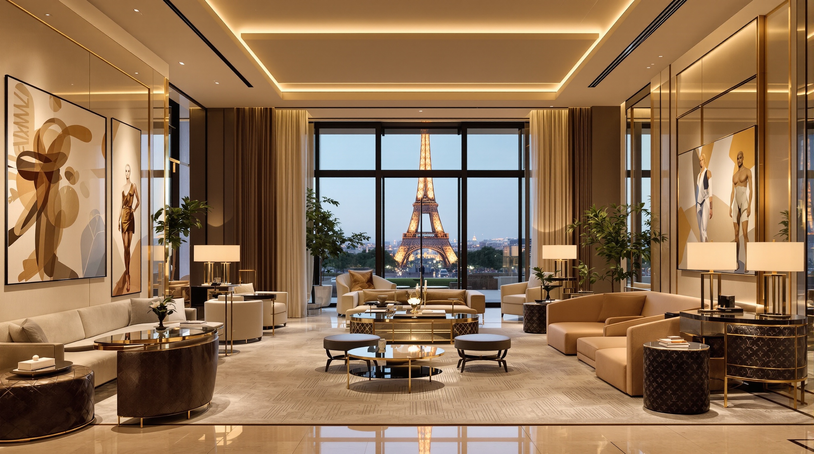 Lobby ultra-luxueux de l'hôtel Louis Vuitton sur les Champs-Élysées, mêlant design contemporain et codes exclusifs de la maison.