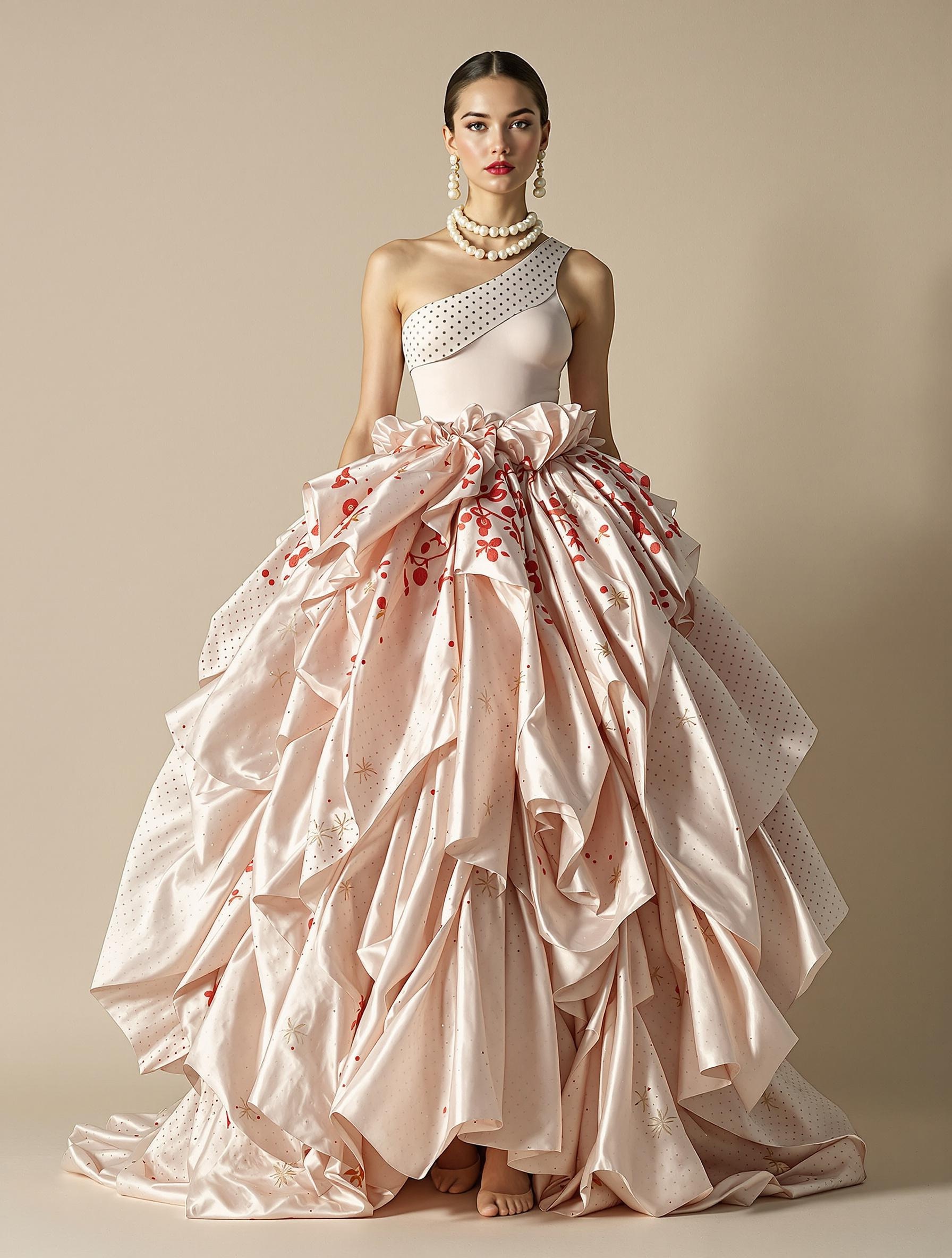 Look Printemps/Été 2025 : jupe boule, top asymétrique à pois, justaucorps balletcore rose poudré, broderies et accessoires perlés.