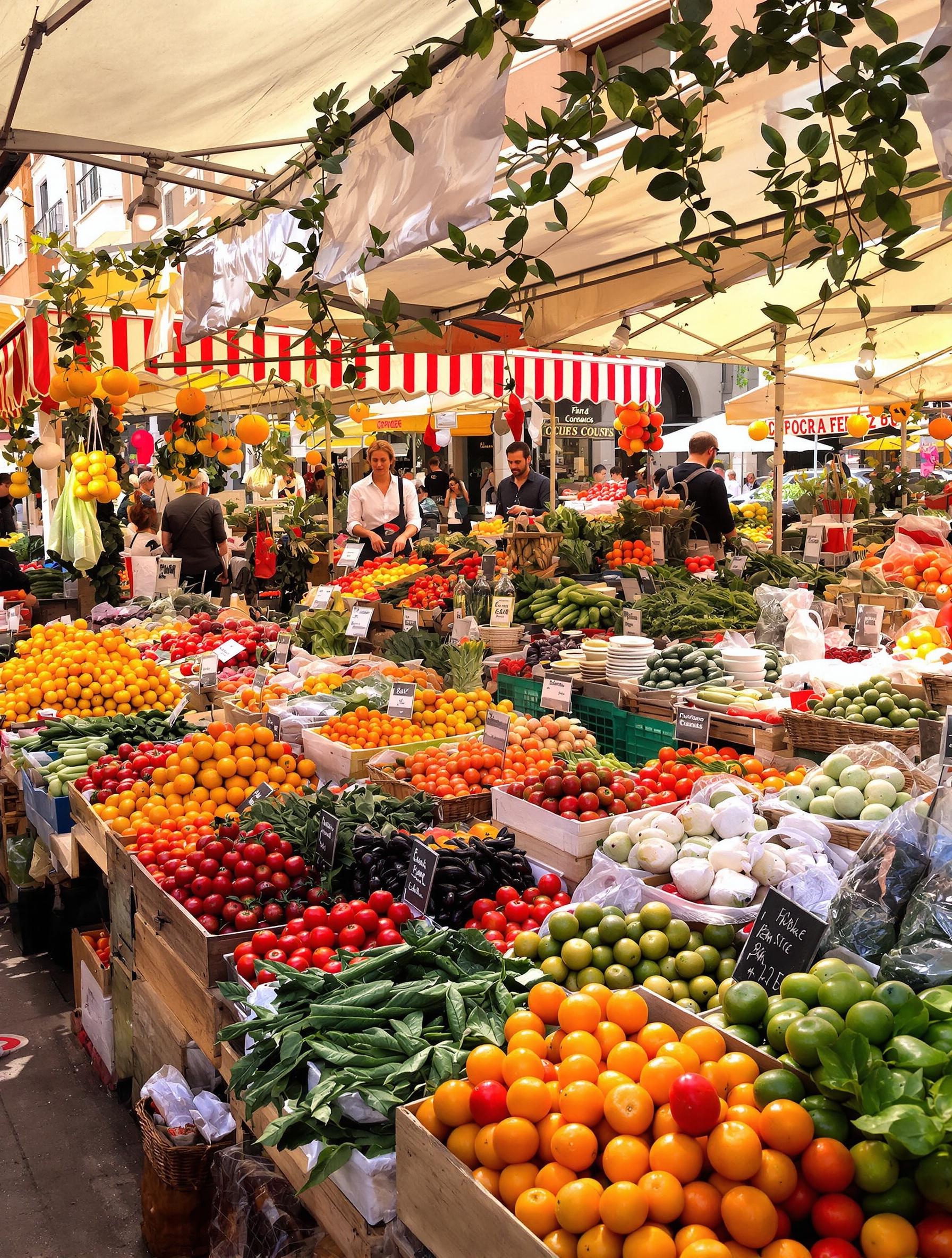 Marché coloré de Cannes avec des produits frais : légumes, poissons et herbes aromatiques du Sud.