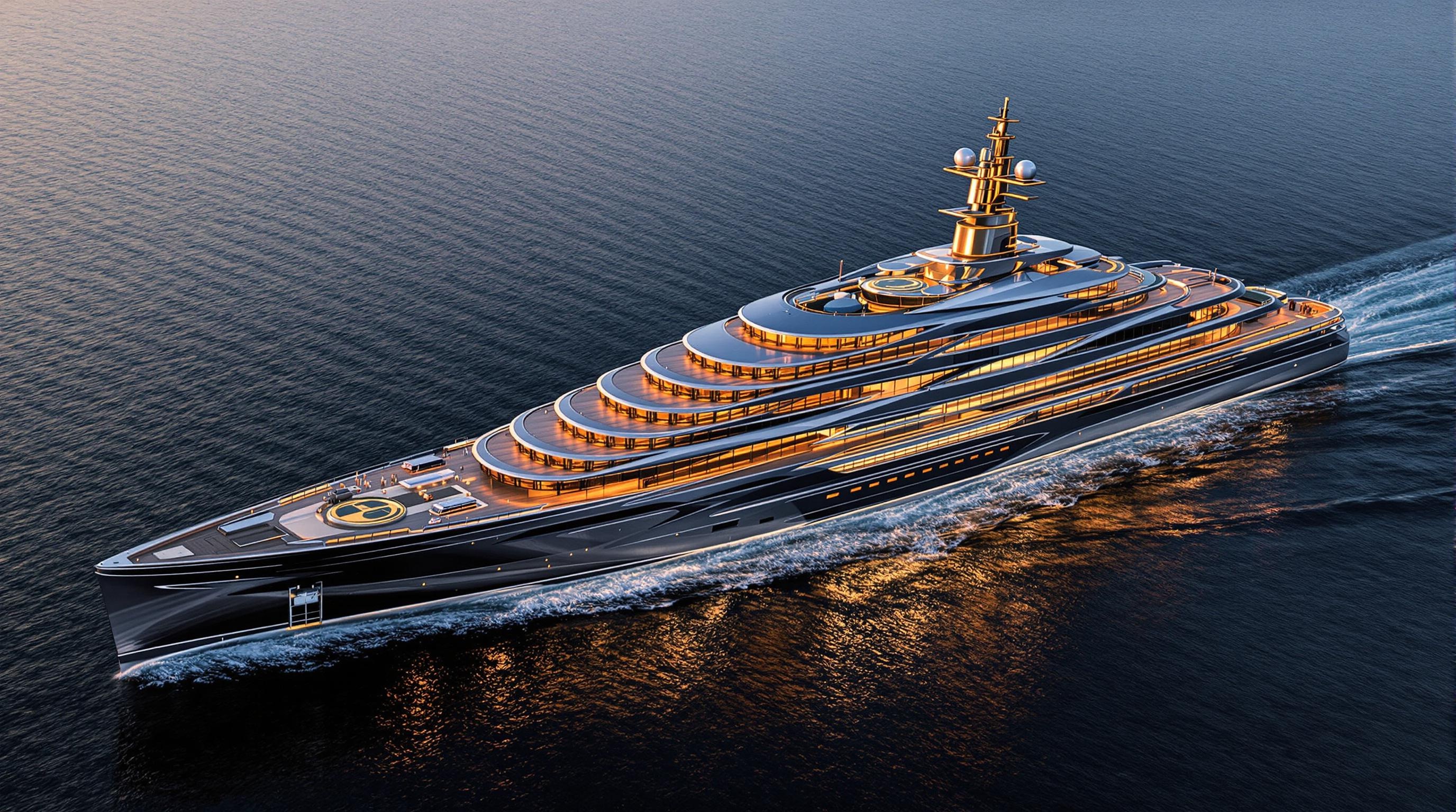Vue aérienne d'un méga-yacht moderne illustrant l'opulence