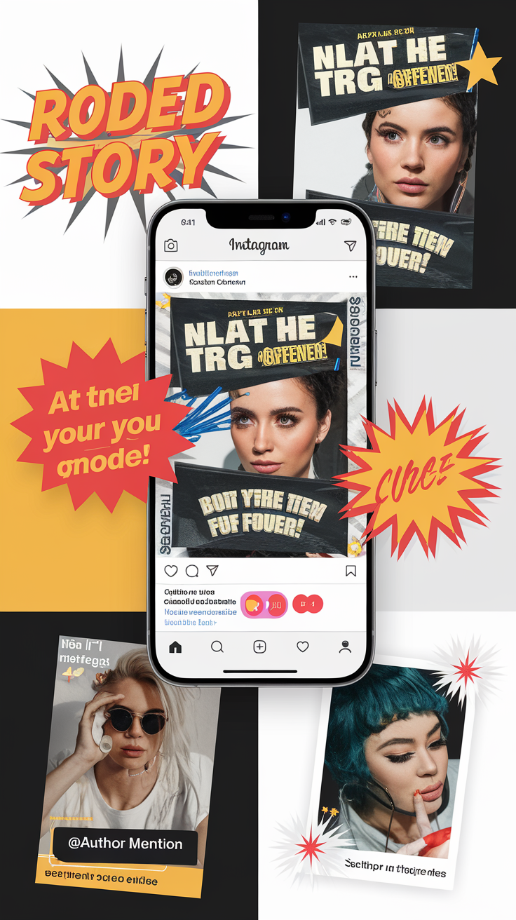Story Instagram republiée avec texte et stickers, mention auteur visible
