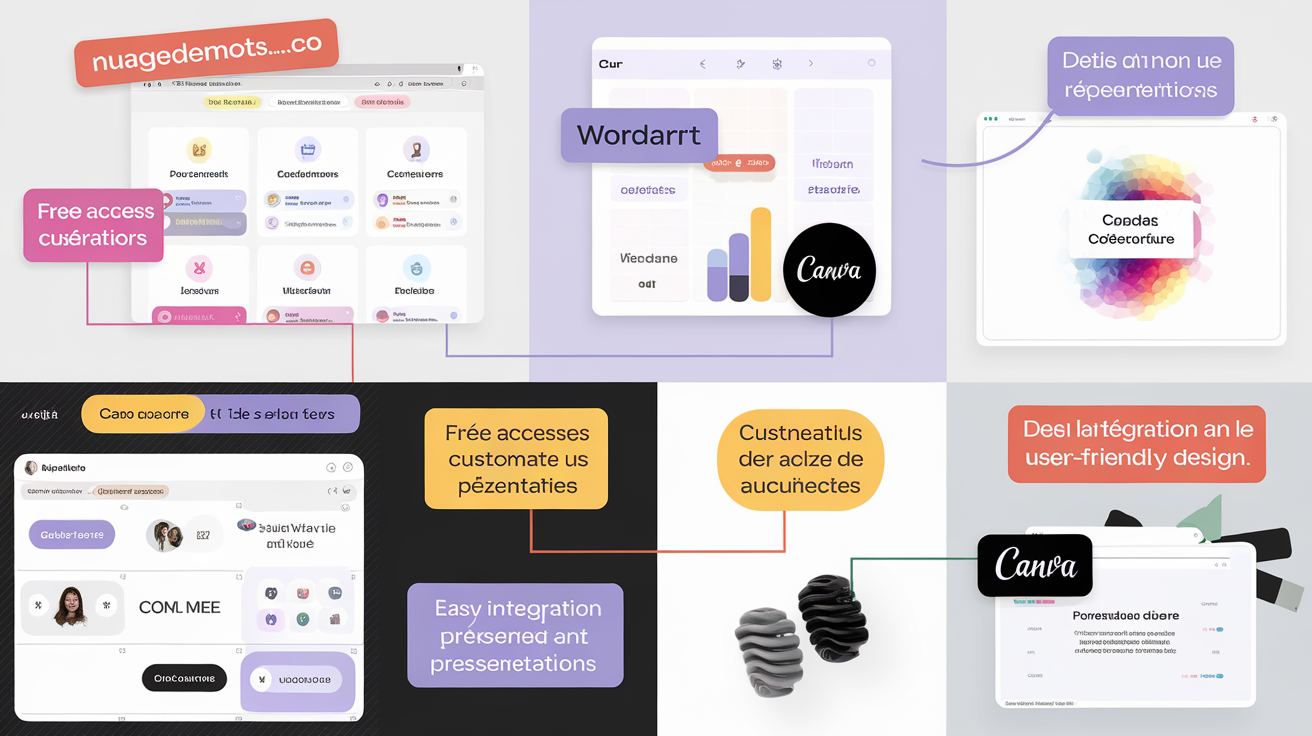 Différentes interfaces de générateurs de nuages de mots annotées pour leurs points forts