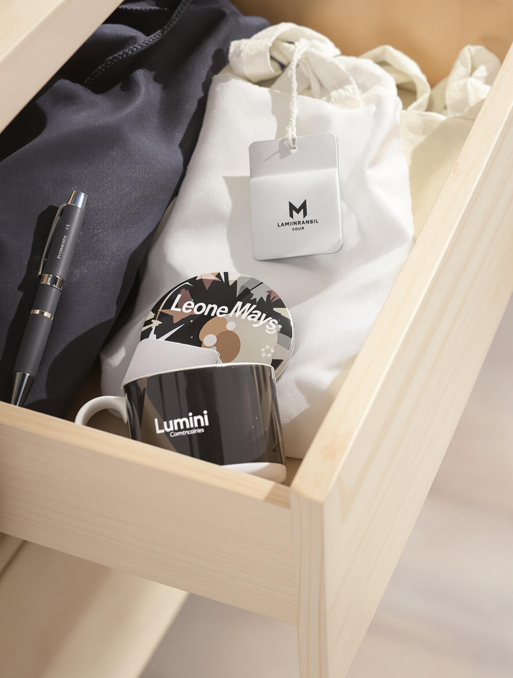 Un montage subtil de plusieurs objets promotionnels classiques (stylo, mug, tote bag) empilés dans un tiroir, symbolisant leur sort commun.