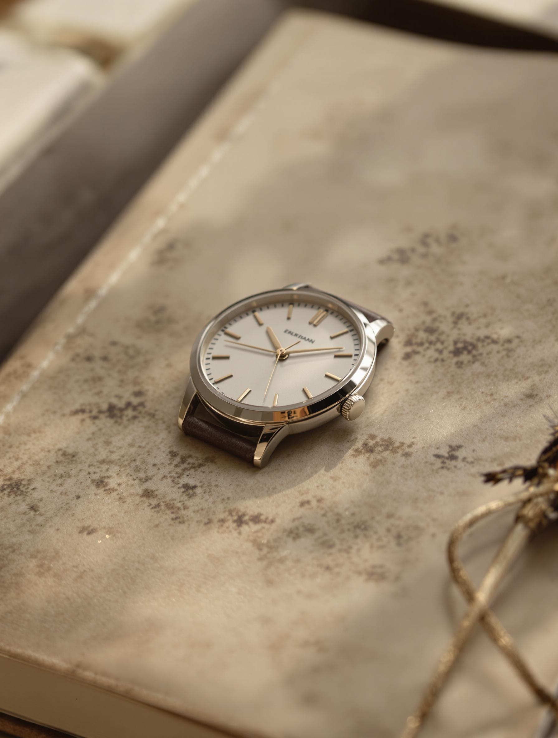 Montre ancienne élégante posée sur un carnet avec une plume