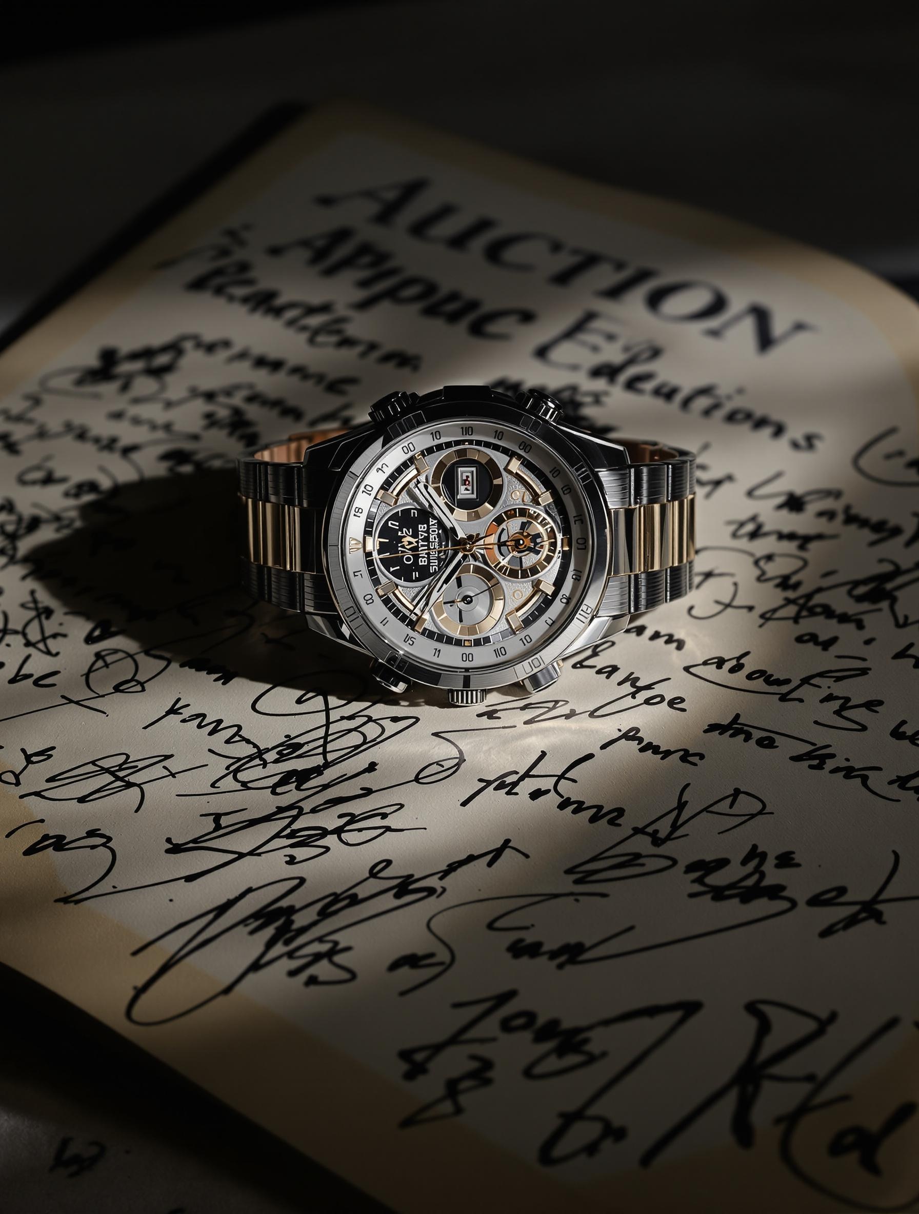 Montre de luxe posée sur un catalogue d'enchères avec des annotations