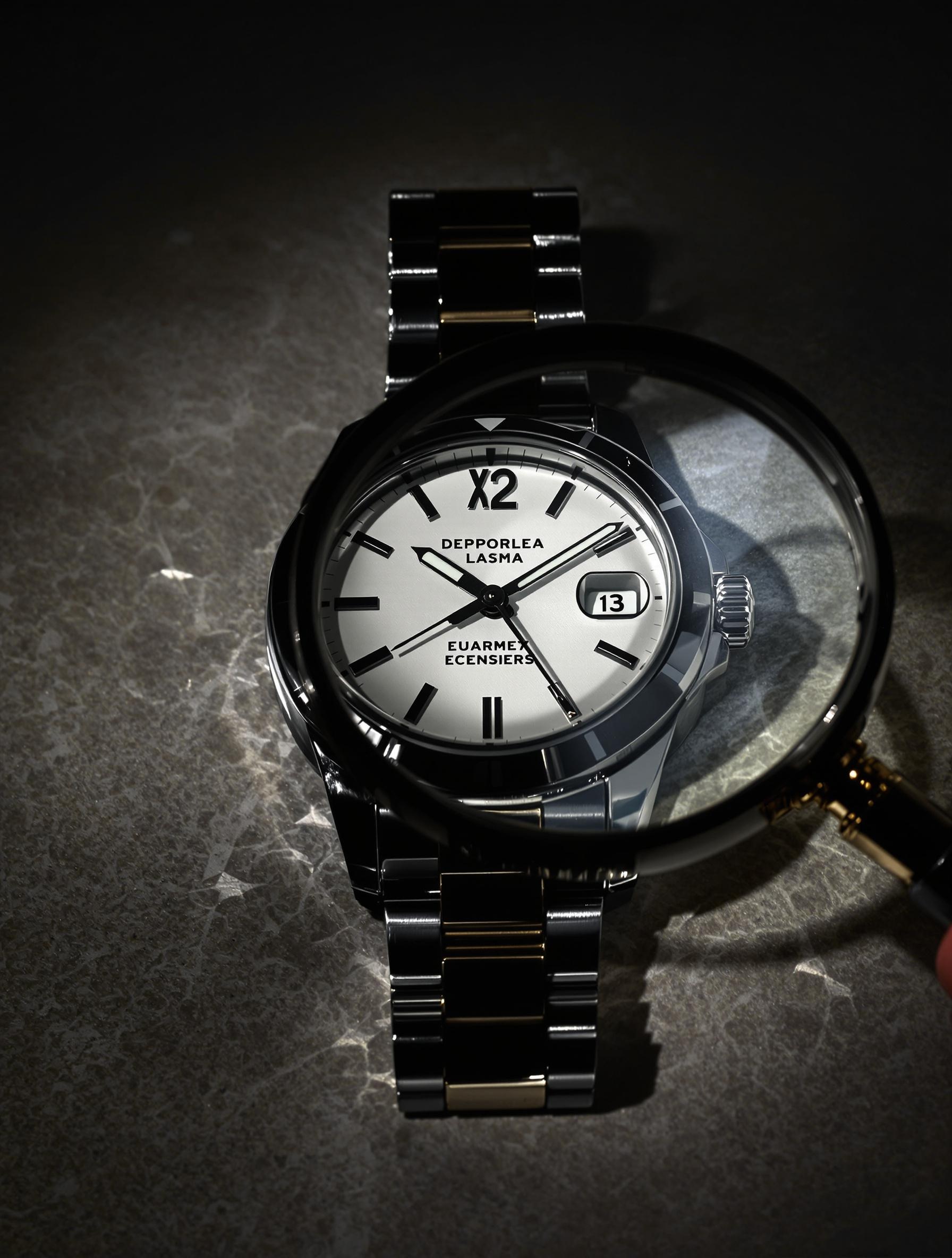 Montre de luxe sous loupe pour détecter une contrefaçon