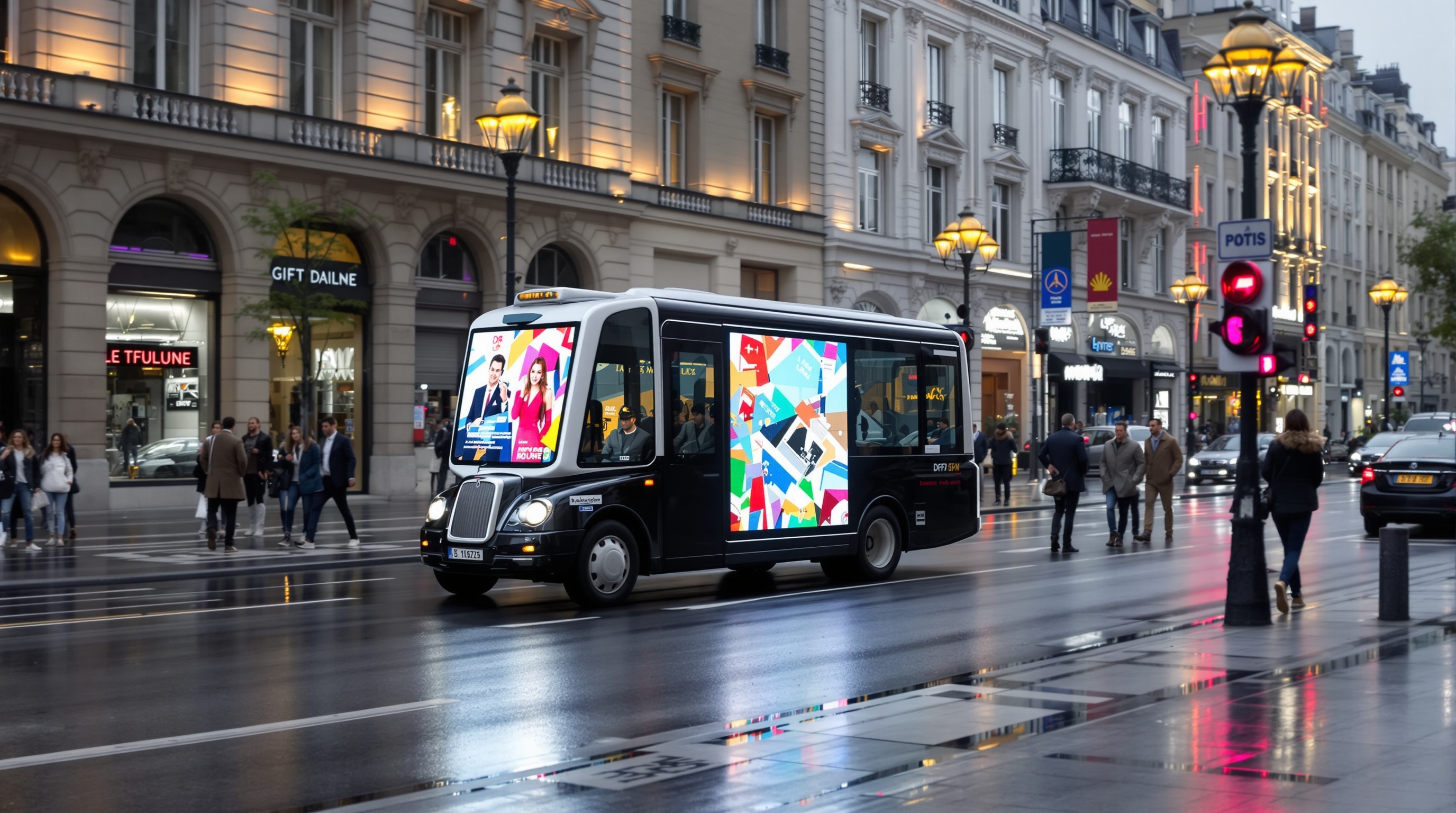 Exemple d'un véhicule équipé d'un écran DOOH en mouvement dans une ville.