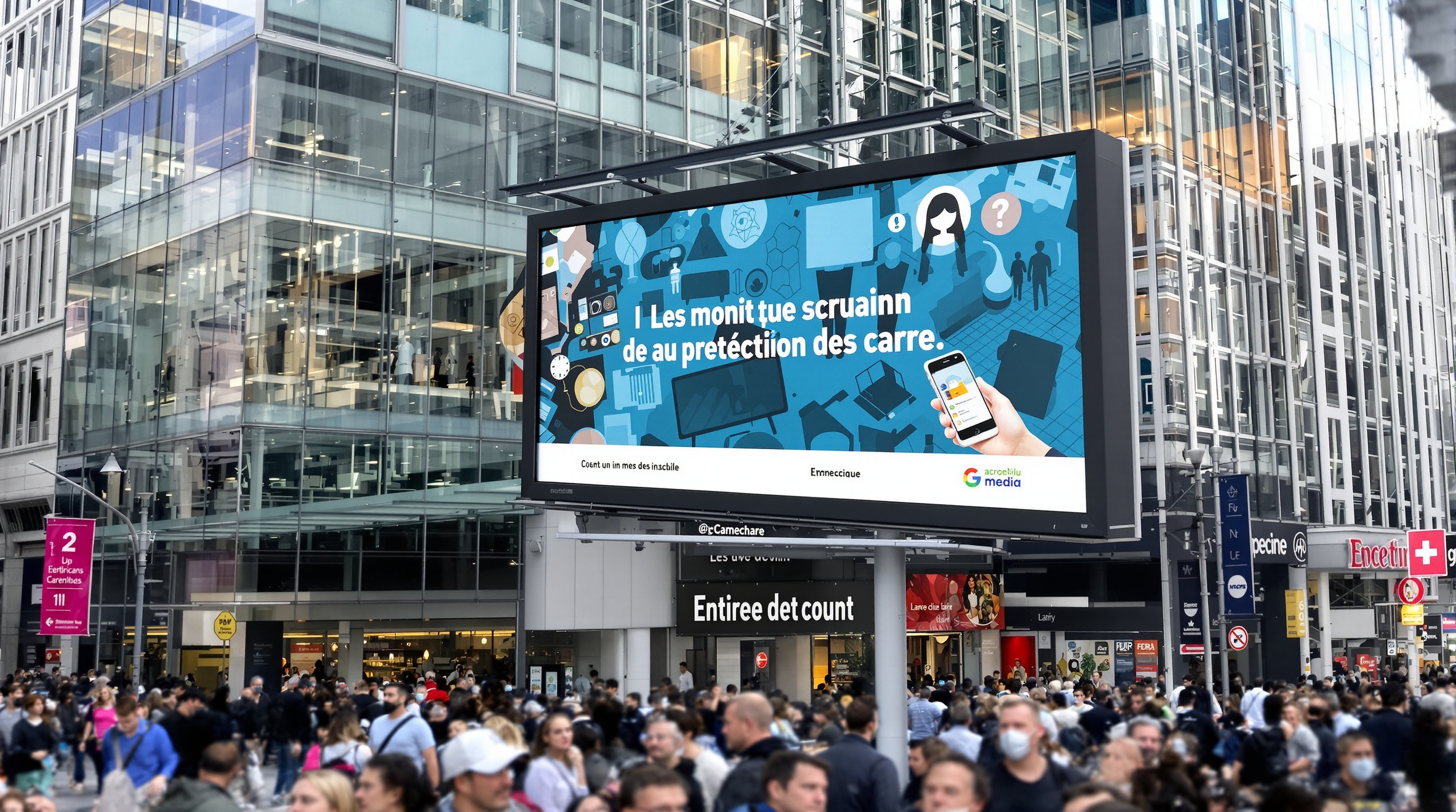 Exemple de panneau d'affichage OOH traditionnel dans un environnement urbain dense.