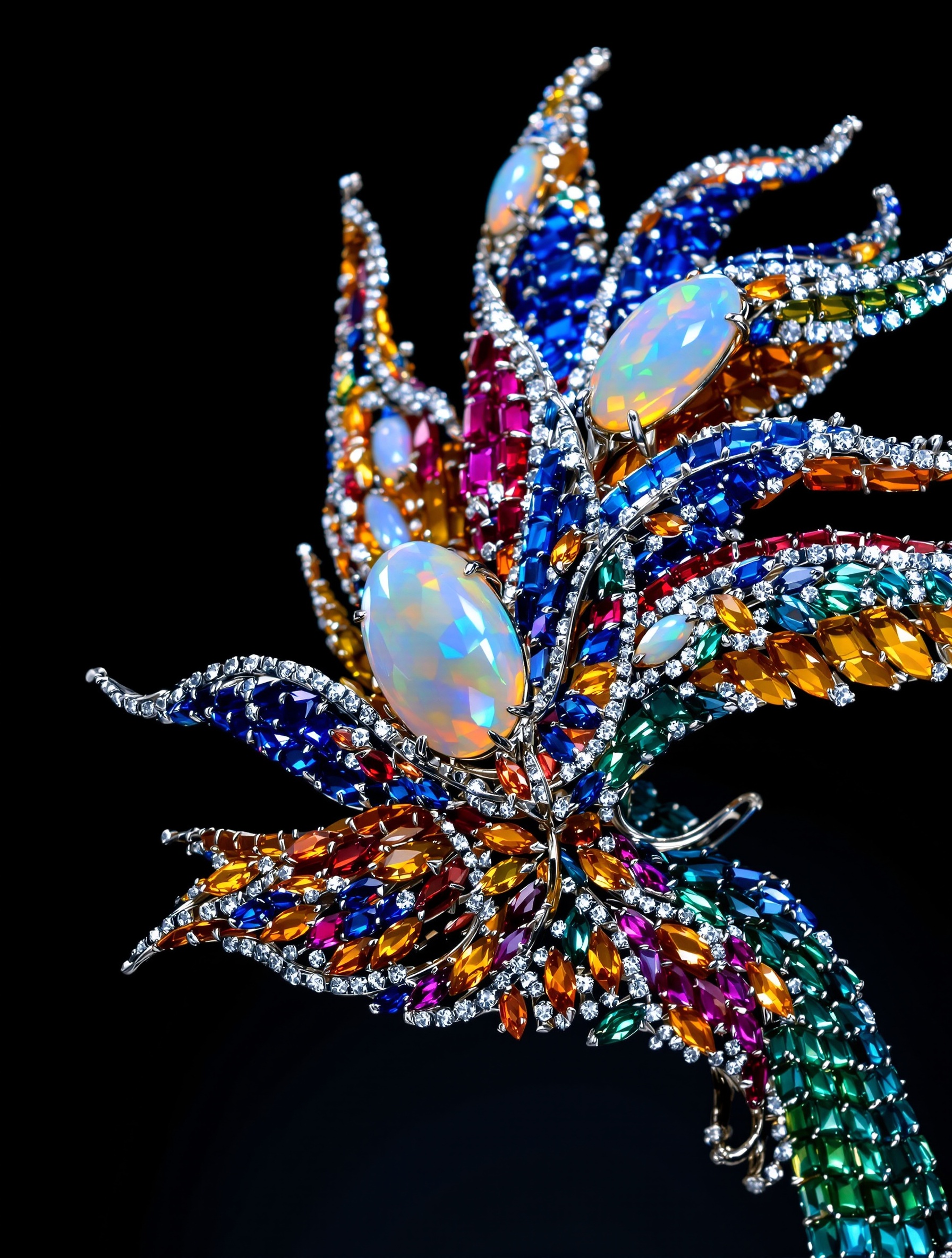 Parure Oiseau de Paradis par Piaget et Cartier en or blanc, pavée de saphirs, opales et diamants